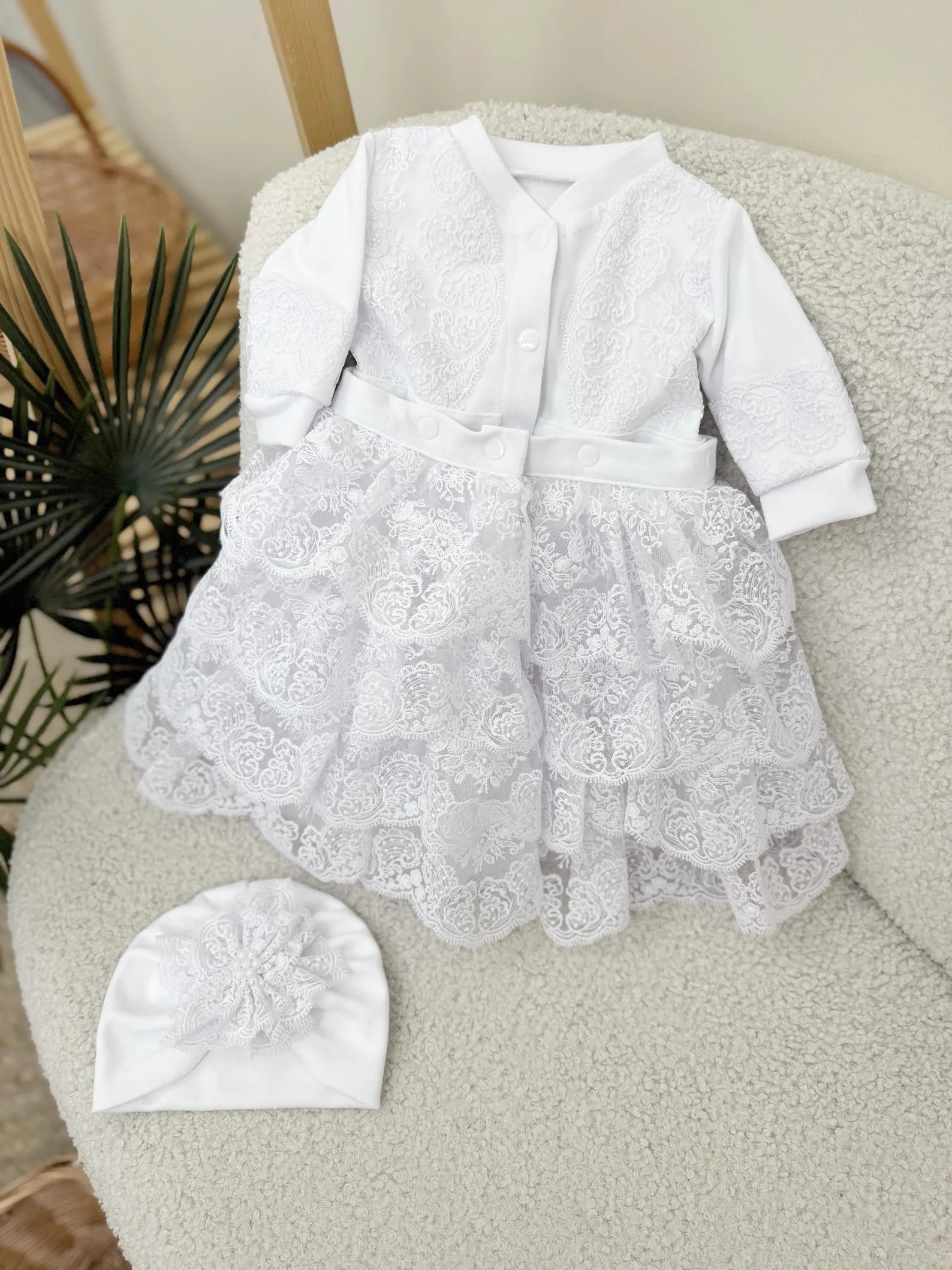 Elegant Baby Girl Lace Romper-Dress and Turban Set