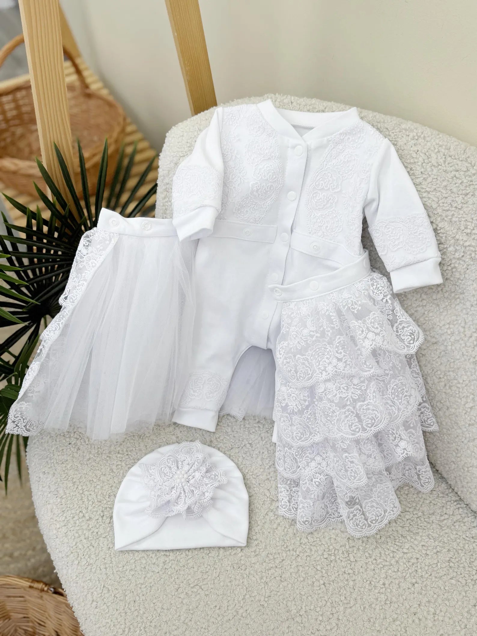 Elegant Baby Girl Lace Romper-Dress and Turban Set