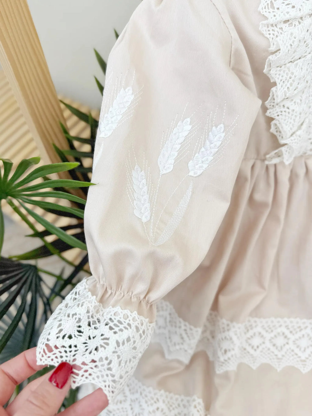 Elegant Beige Wheat Cotton Satin Dress and Baby Girl Milestone Outfit