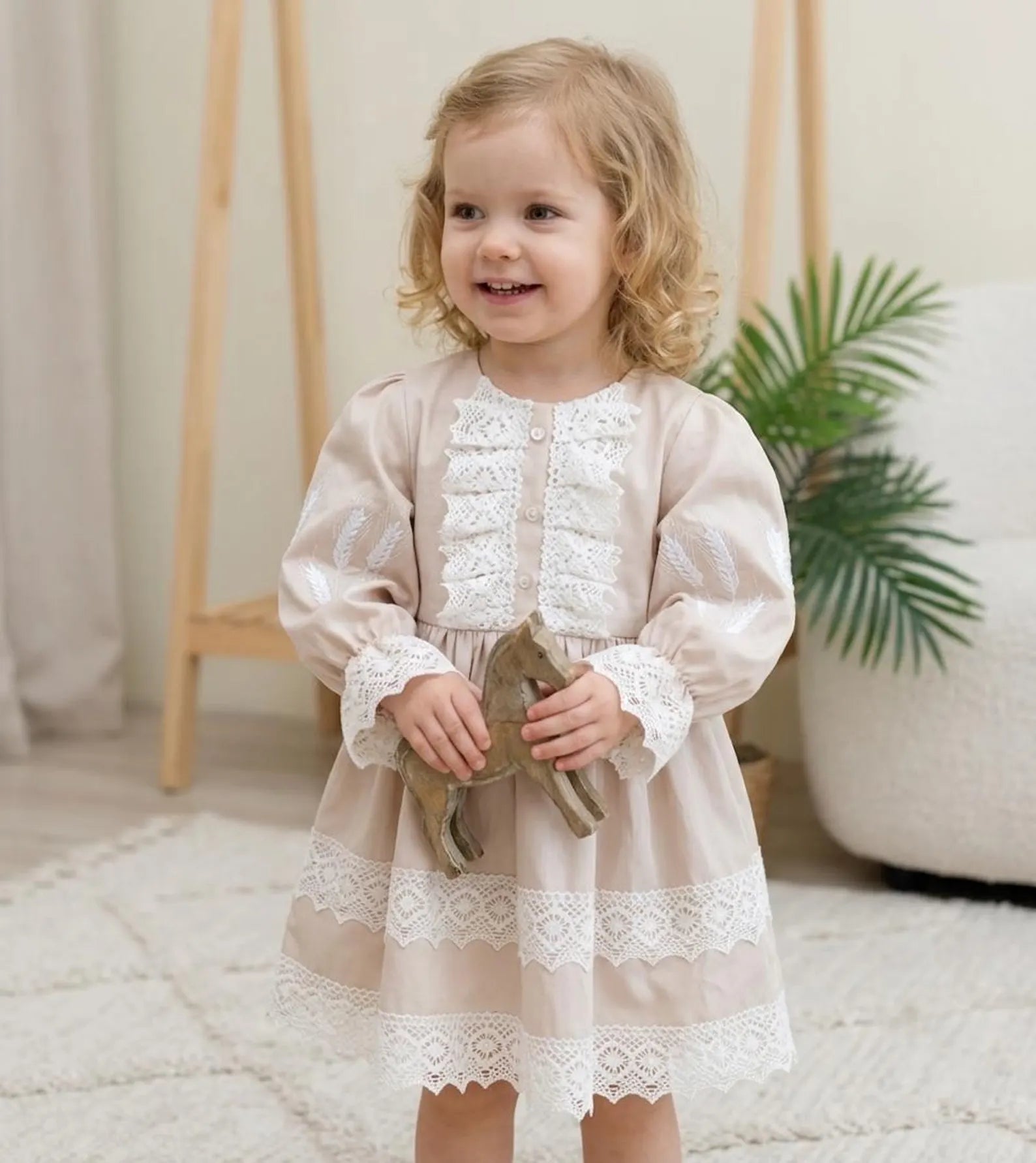 Elegant Beige Wheat Cotton Satin Dress and Baby Girl Milestone Outfit