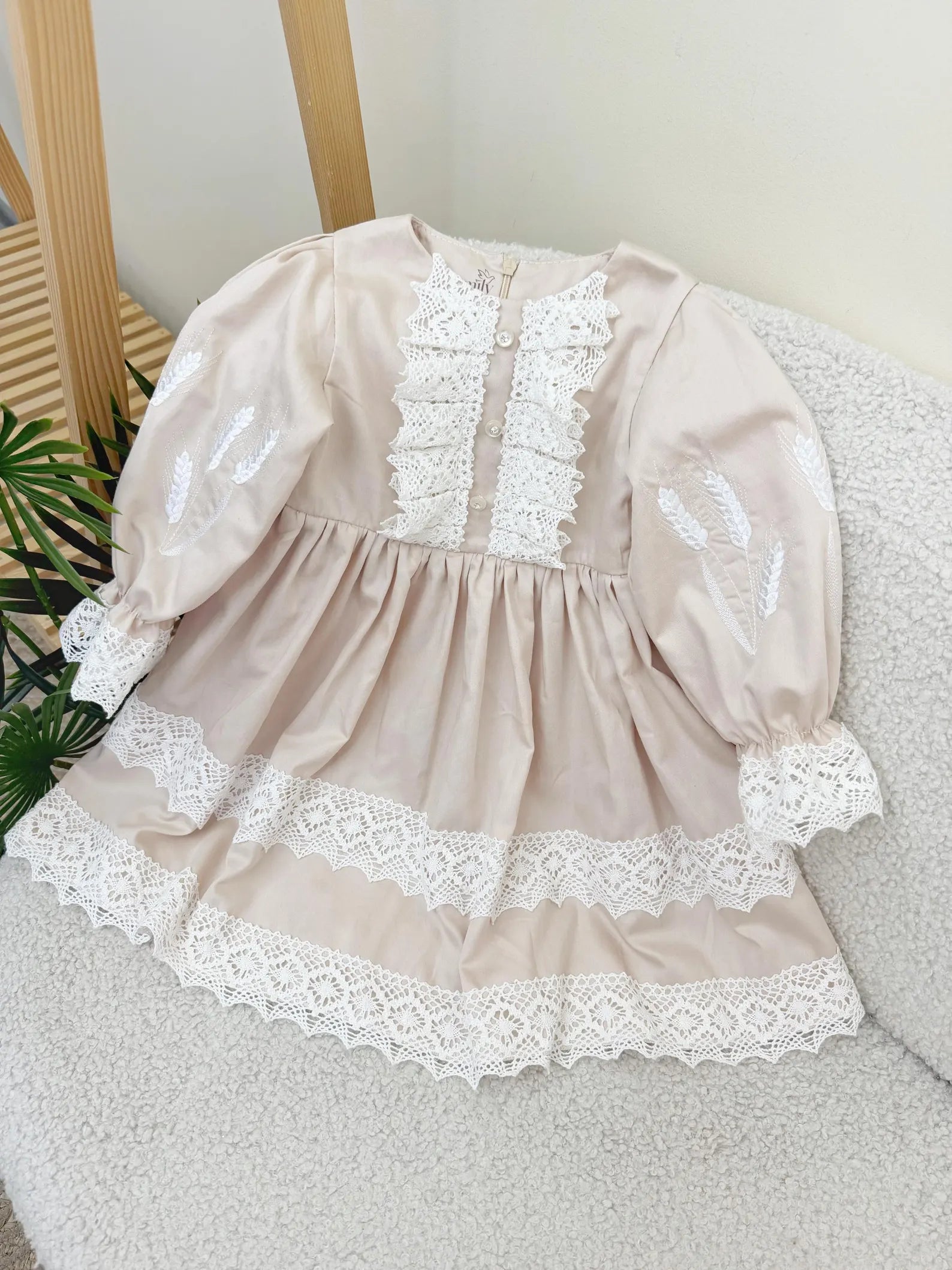 Elegant Beige Wheat Cotton Satin Dress and Baby Girl Milestone Outfit