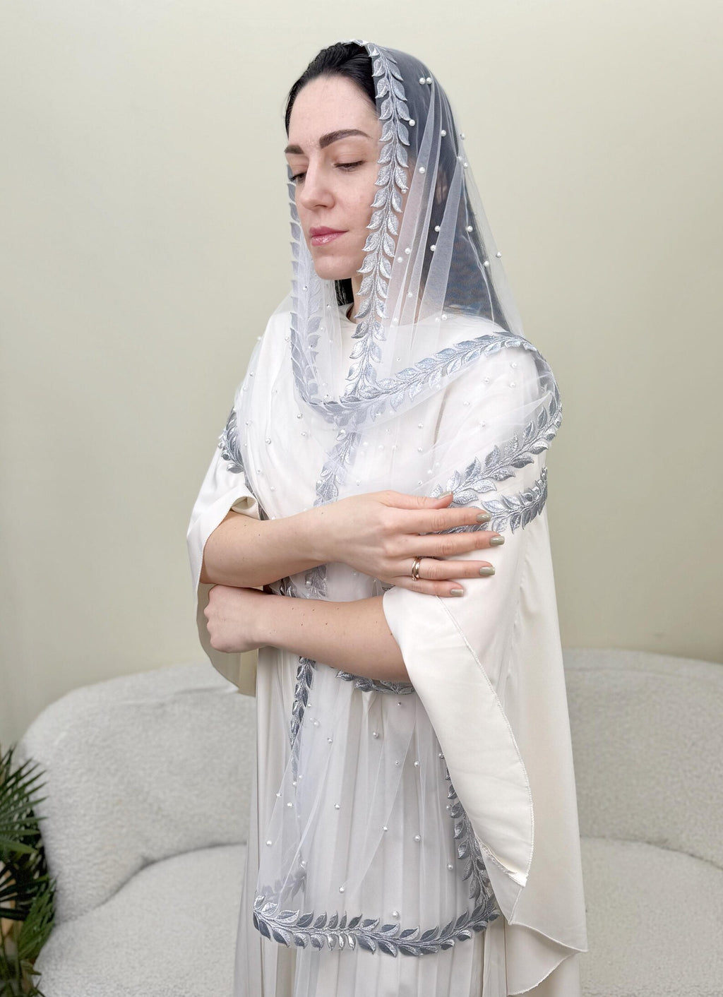 Elegant Bridal Veil Scarf with Silver Lace & Pearl Accents