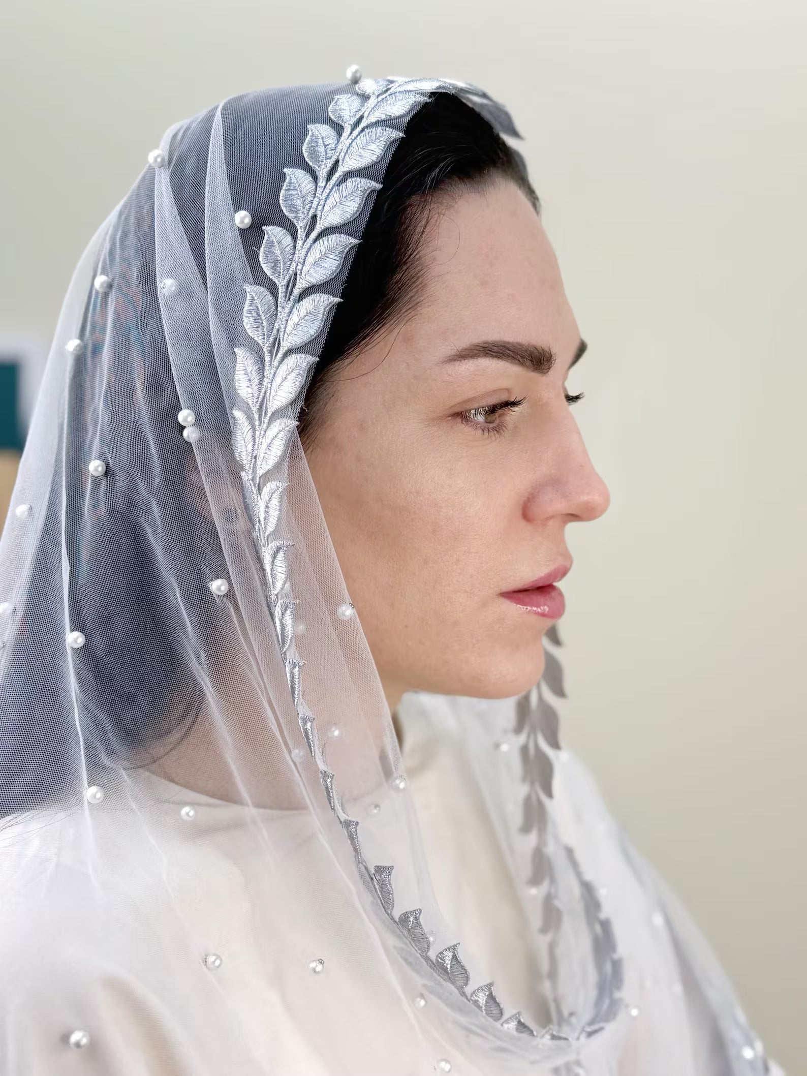 Elegant Bridal Veil Scarf with Silver Lace & Pearl Accents