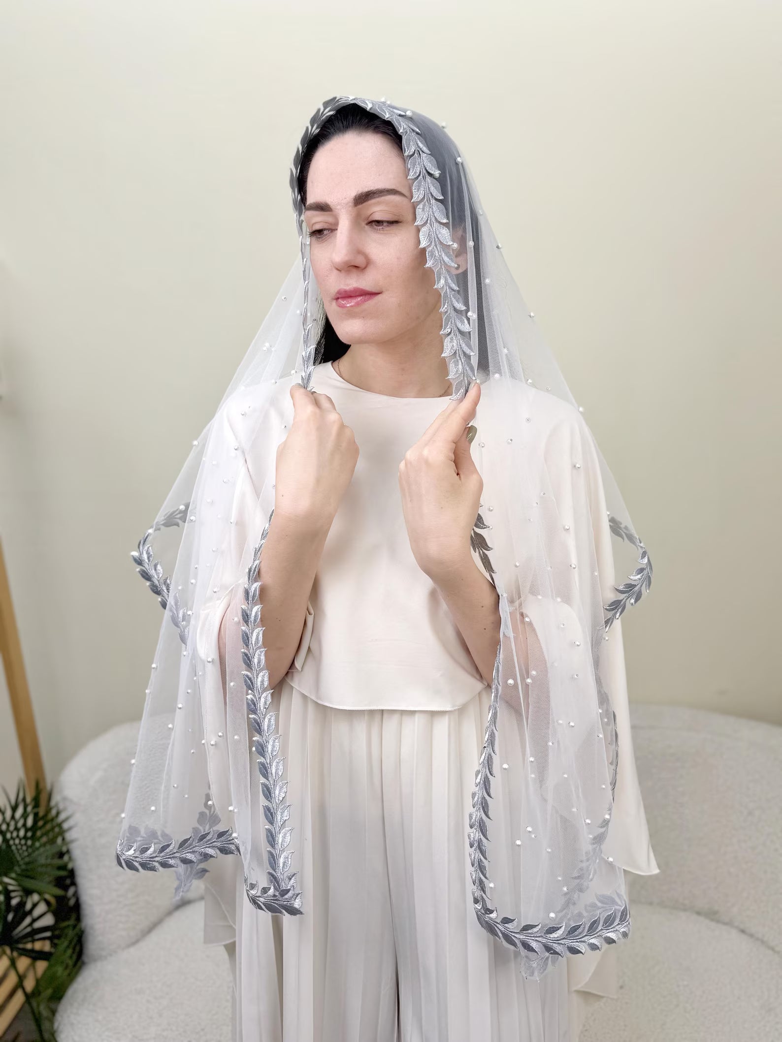 Elegant Bridal Veil Scarf with Silver Lace & Pearl Accents