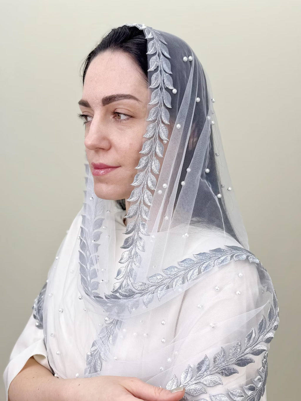 Elegant Bridal Veil Scarf with Silver Lace & Pearl Accents