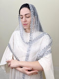 Elegant Bridal Veil Scarf with Silver Lace & Pearl Accents
