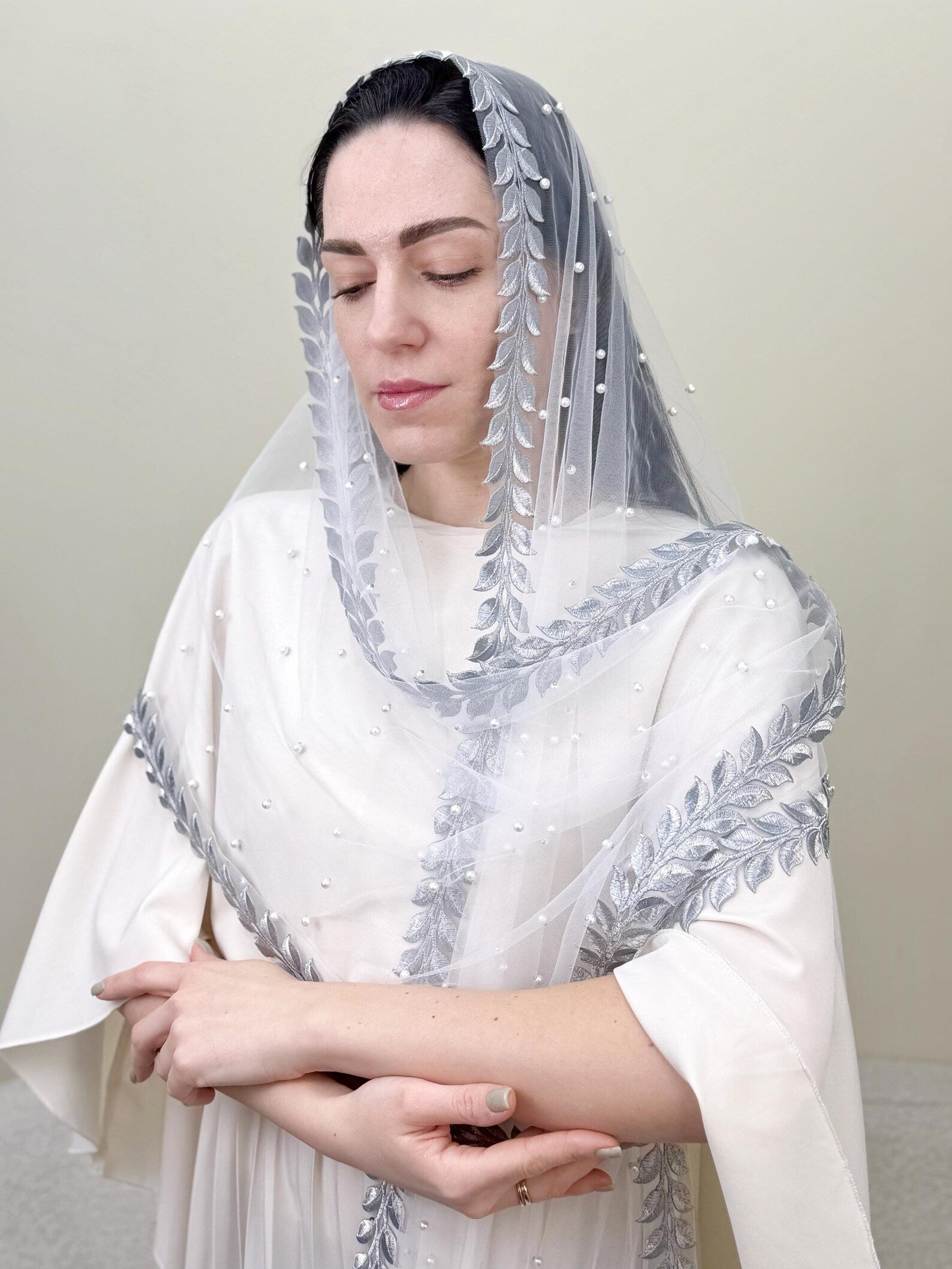 Elegant Bridal Veil Scarf with Silver Lace & Pearl Accents