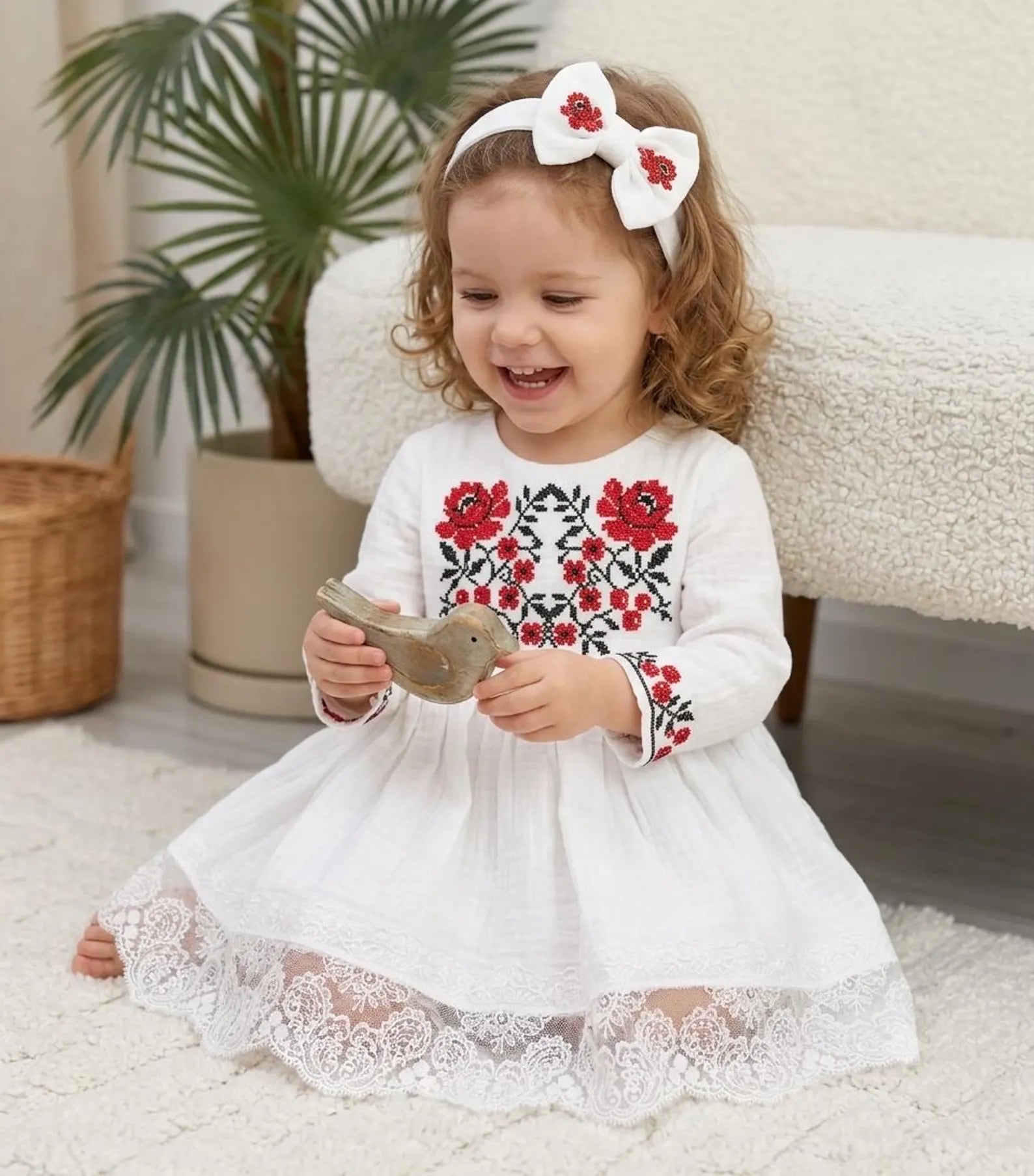 Embroidered Poppy Muslin Baby Dress and Headband Set
