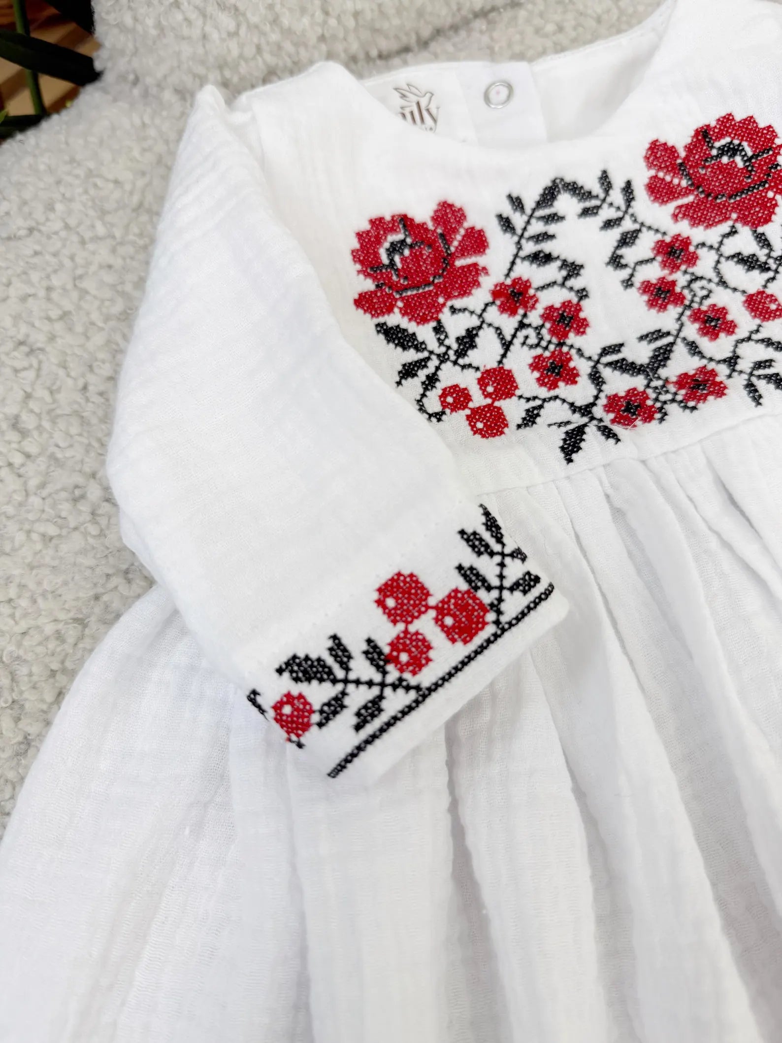 Embroidered Poppy Muslin Baby Dress and Headband Set