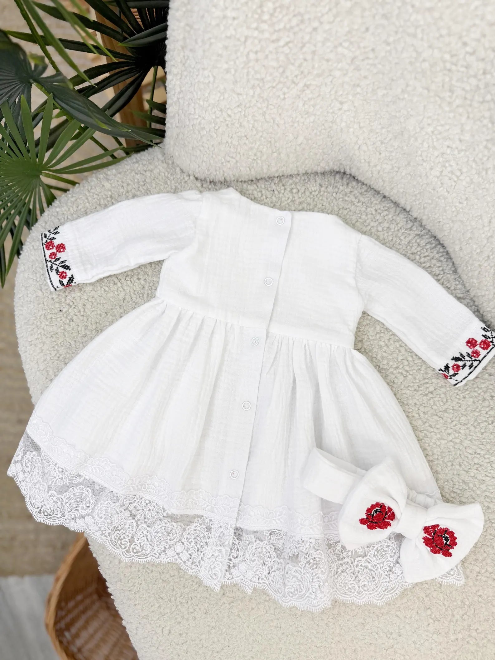 Embroidered Poppy Muslin Baby Dress and Headband Set