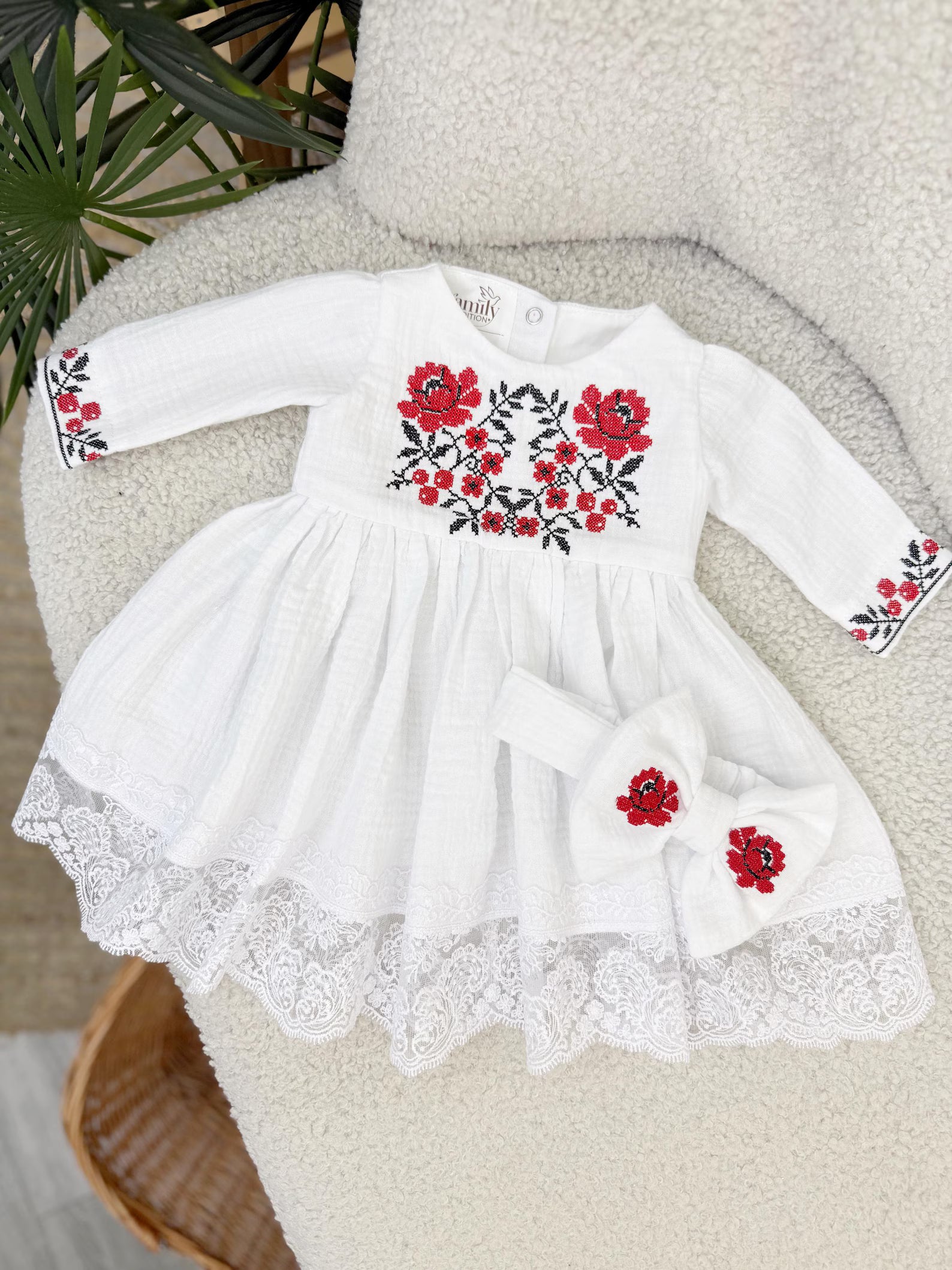 Embroidered Poppy Muslin Baby Dress and Headband Set
