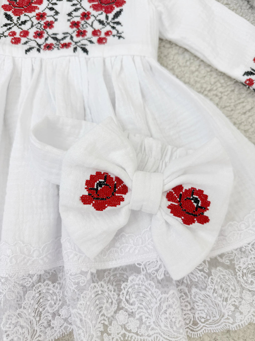 Embroidered Poppy Muslin Baby Dress and Headband Set