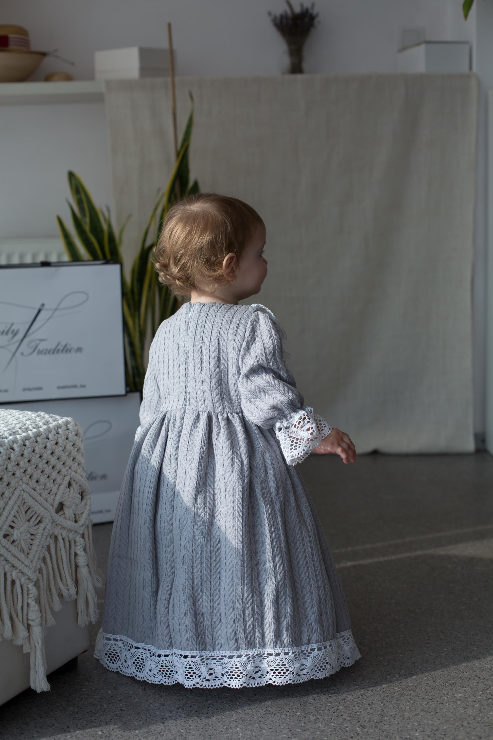 Gray Long Sleeve Baby Christening Gown with Lace Collar and Cotton Knit