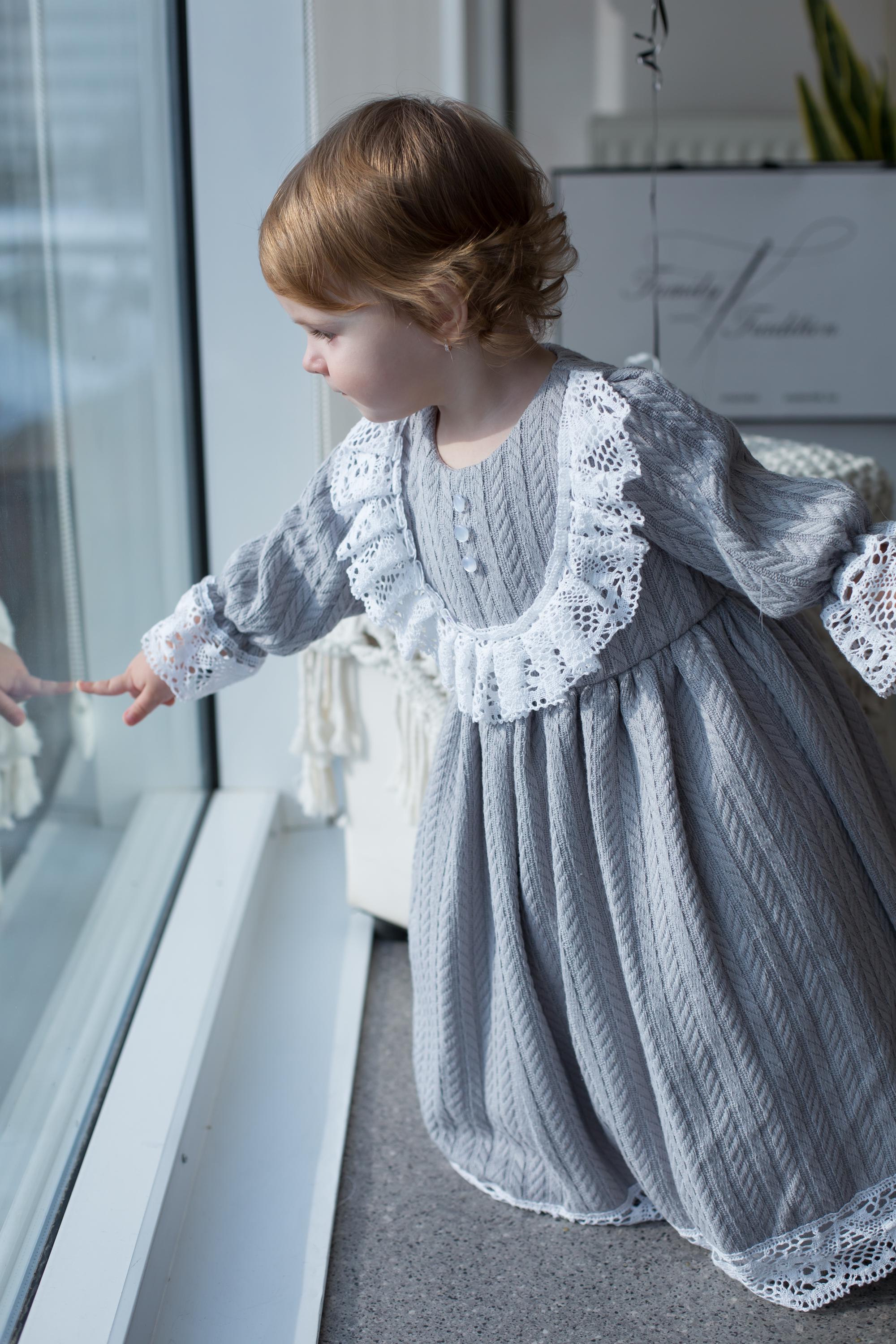 Gray Long Sleeve Baby Christening Gown with Lace Collar and Cotton Knit