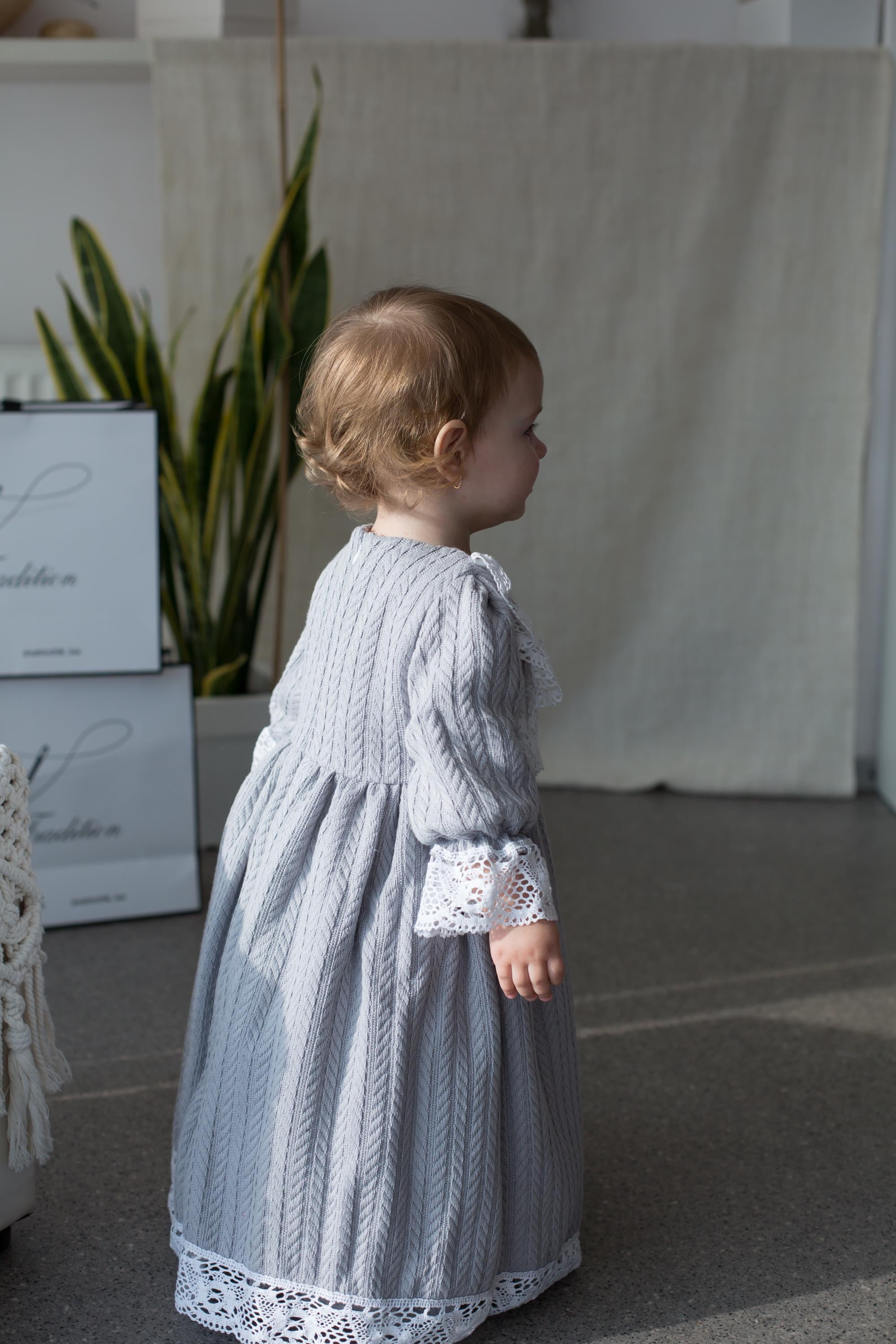 Gray Long Sleeve Baby Christening Gown with Lace Collar and Cotton Knit