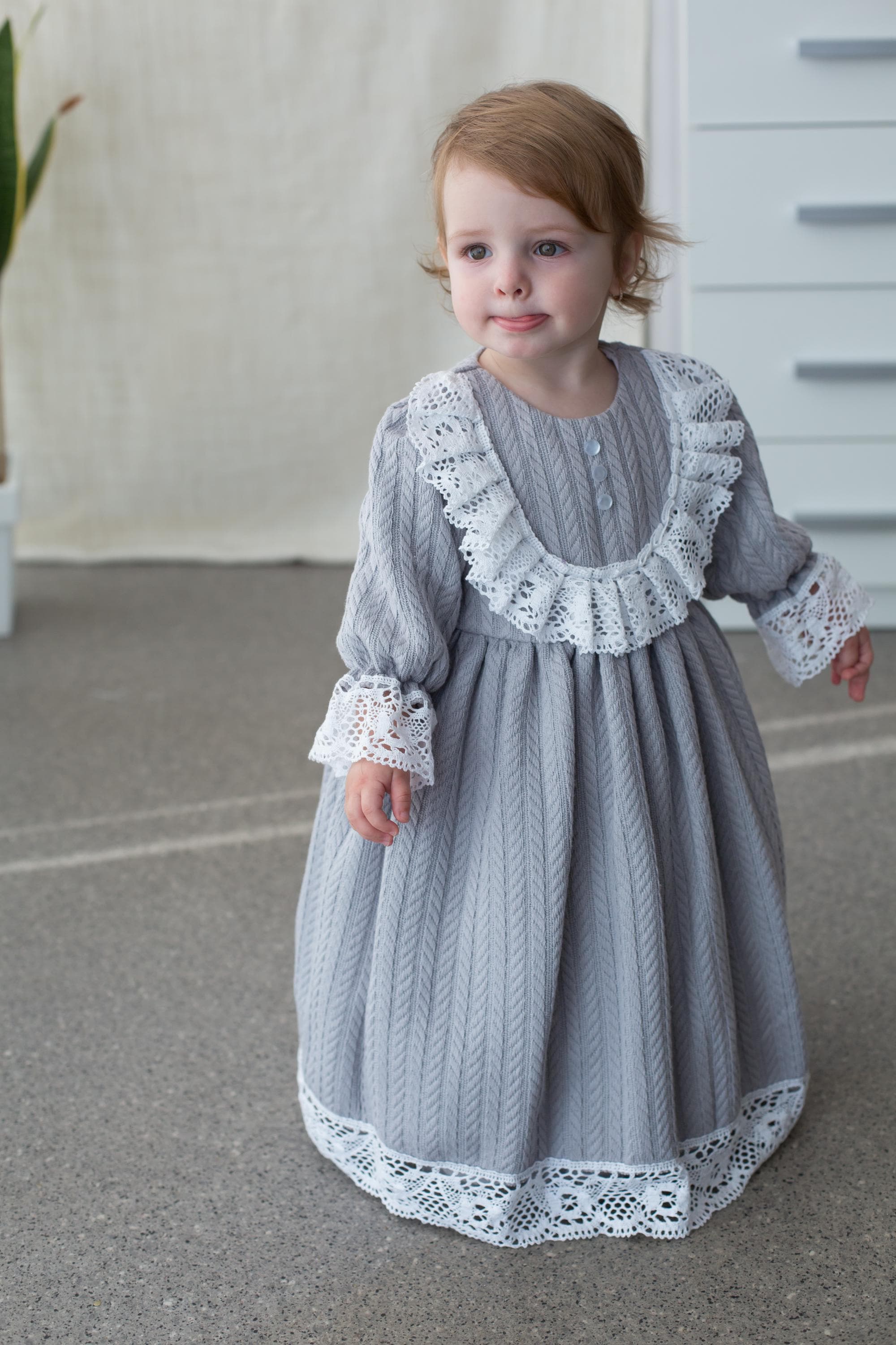Gray Long Sleeve Baby Christening Gown with Lace Collar and Cotton Knit