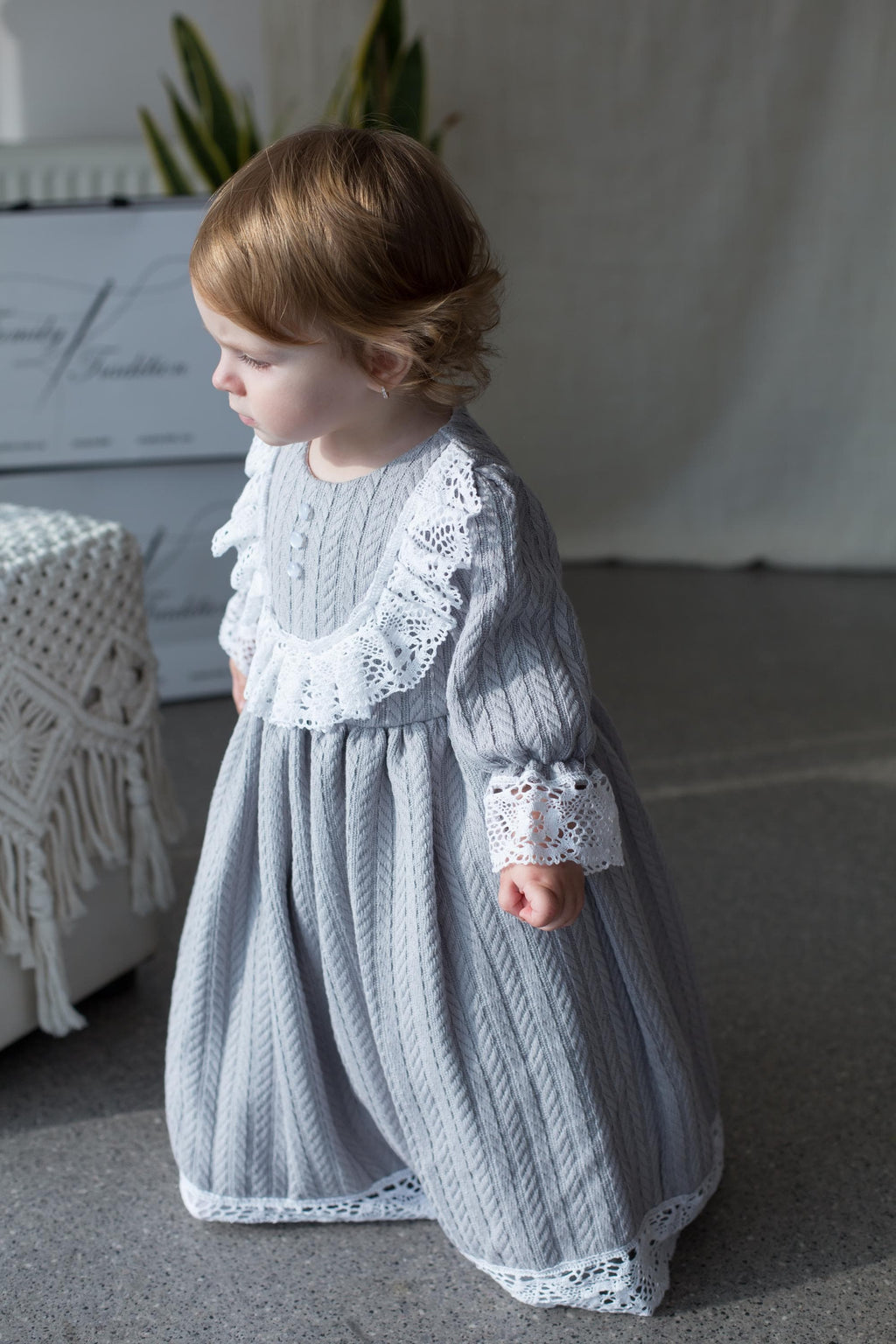 Gray Long Sleeve Baby Christening Gown with Lace Collar and Cotton Knit