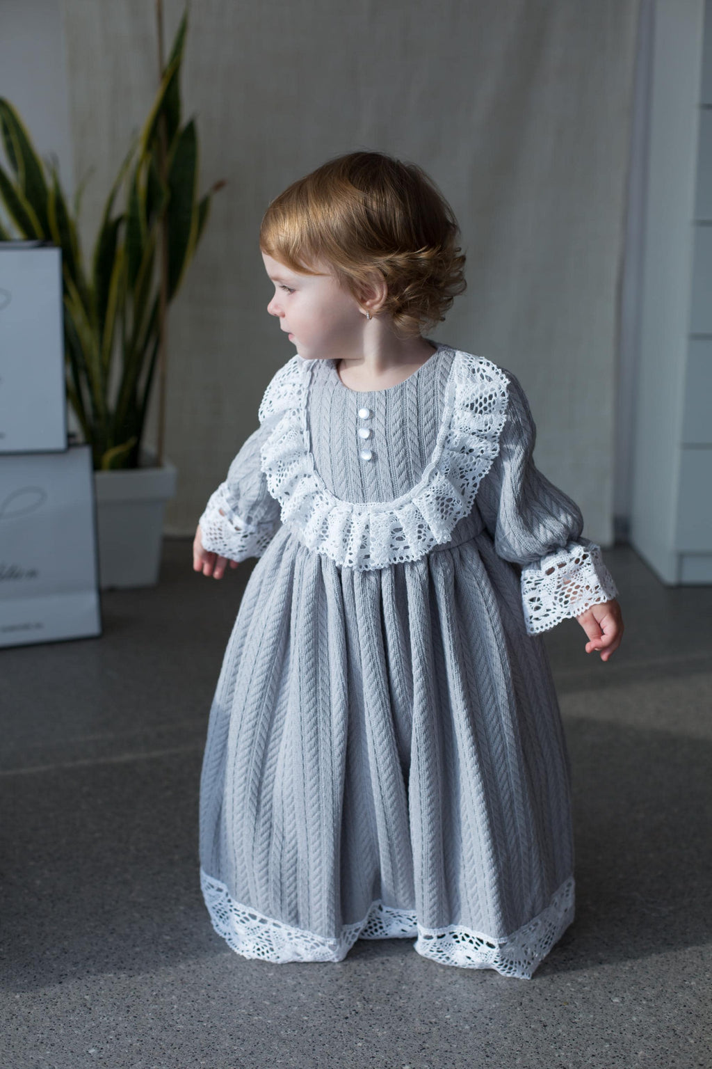 Gray Long Sleeve Baby Christening Gown with Lace Collar and Cotton Knit