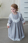 Gray Long Sleeve Baby Christening Gown with Lace Collar and Cotton Knit