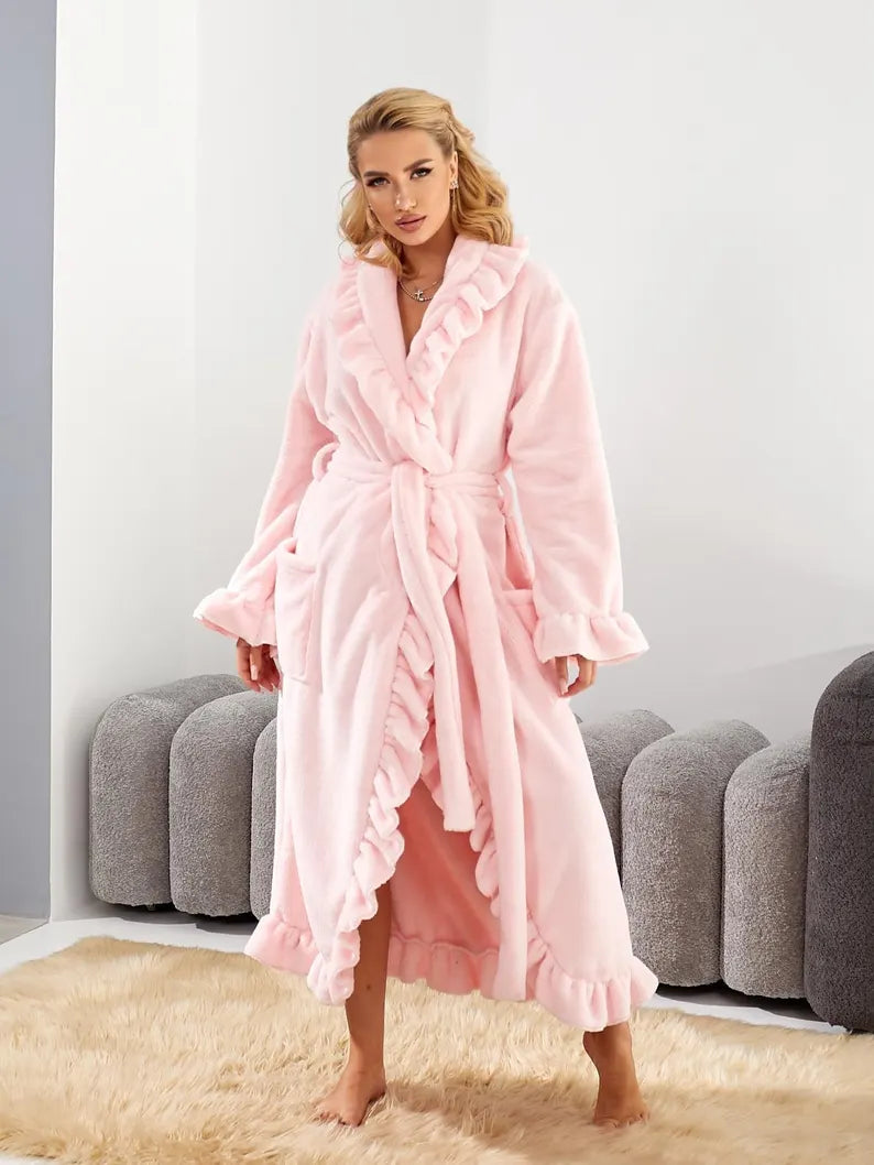 Women's Elegant Ruffle Wrap Bathrobe – Soft Velsoft Long Plush Lounge Robe with Belt