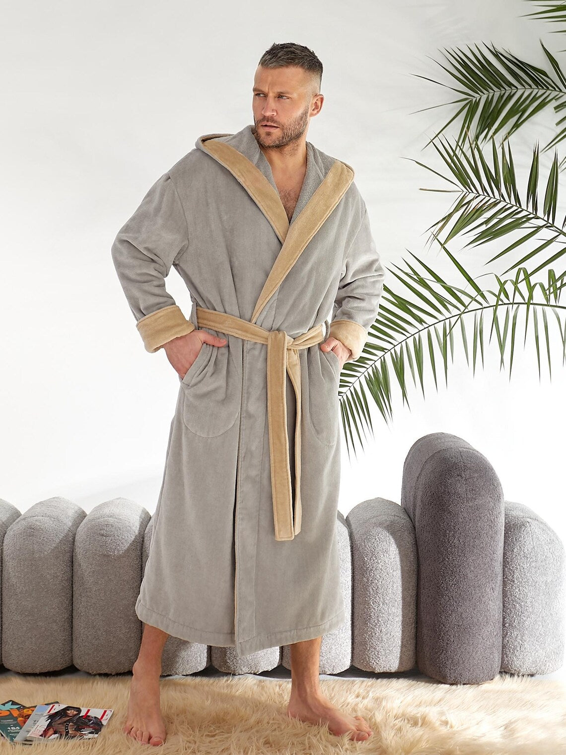 Men's Hooded Terry Cloth Bathrobe – 100% Cotton Long Plush Spa Robe with Pockets