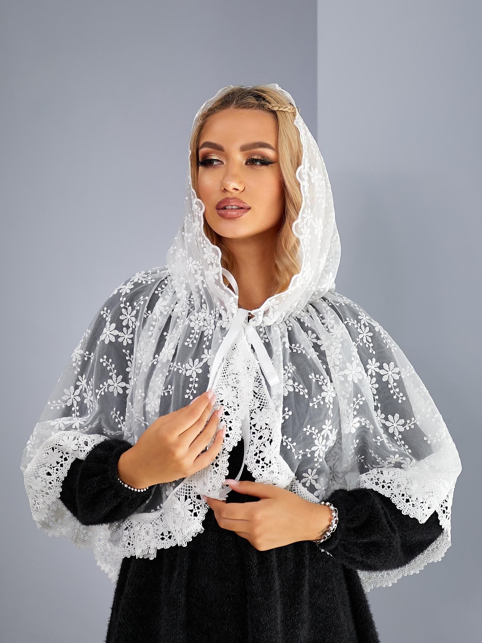 Embellished Hooded Church Veil with Pearls for Orthodox Weddings and Prayer