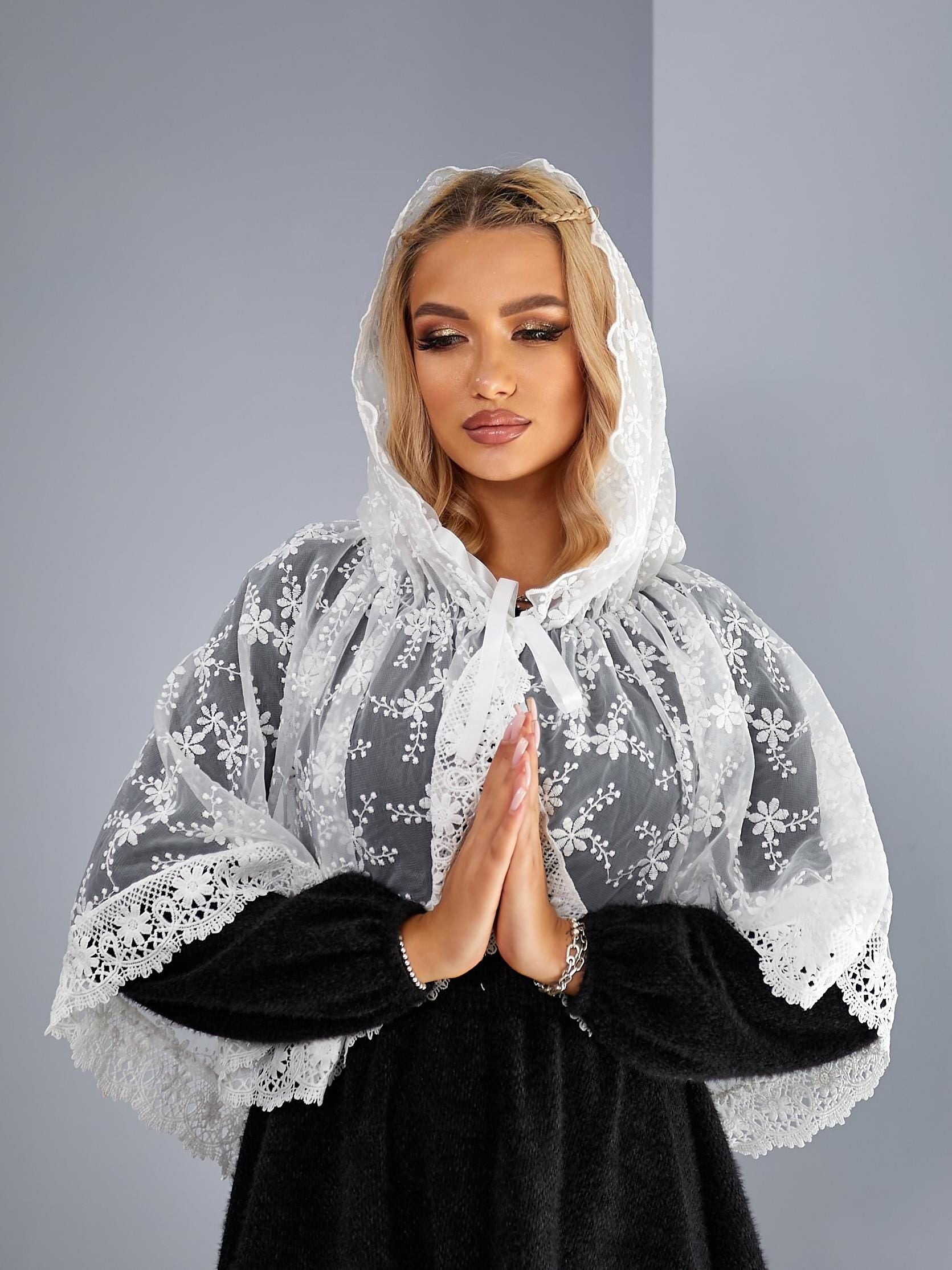 Embellished Hooded Church Veil with Pearls for Orthodox Weddings and Prayer