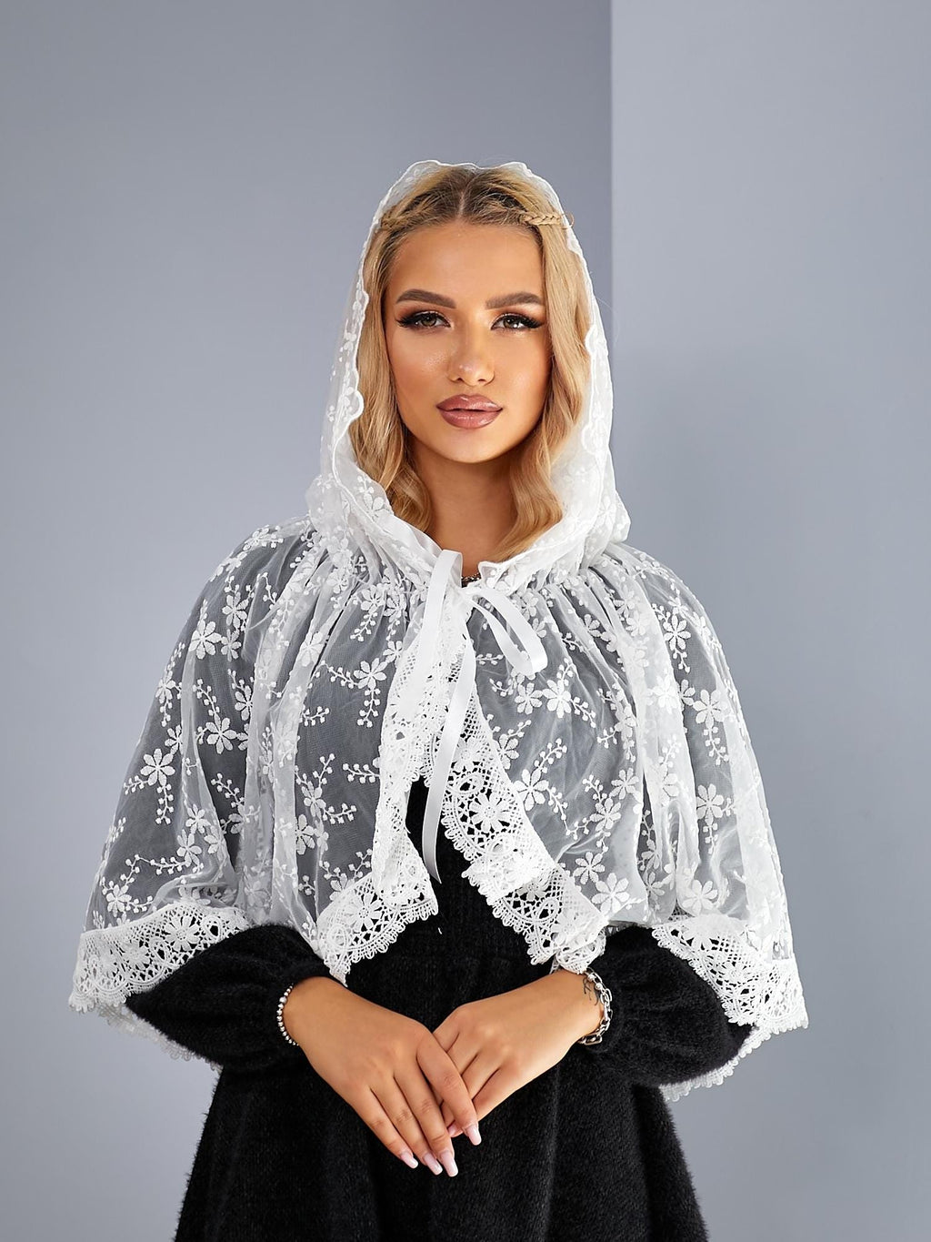 Embellished Hooded Church Veil with Pearls for Orthodox Weddings and Prayer