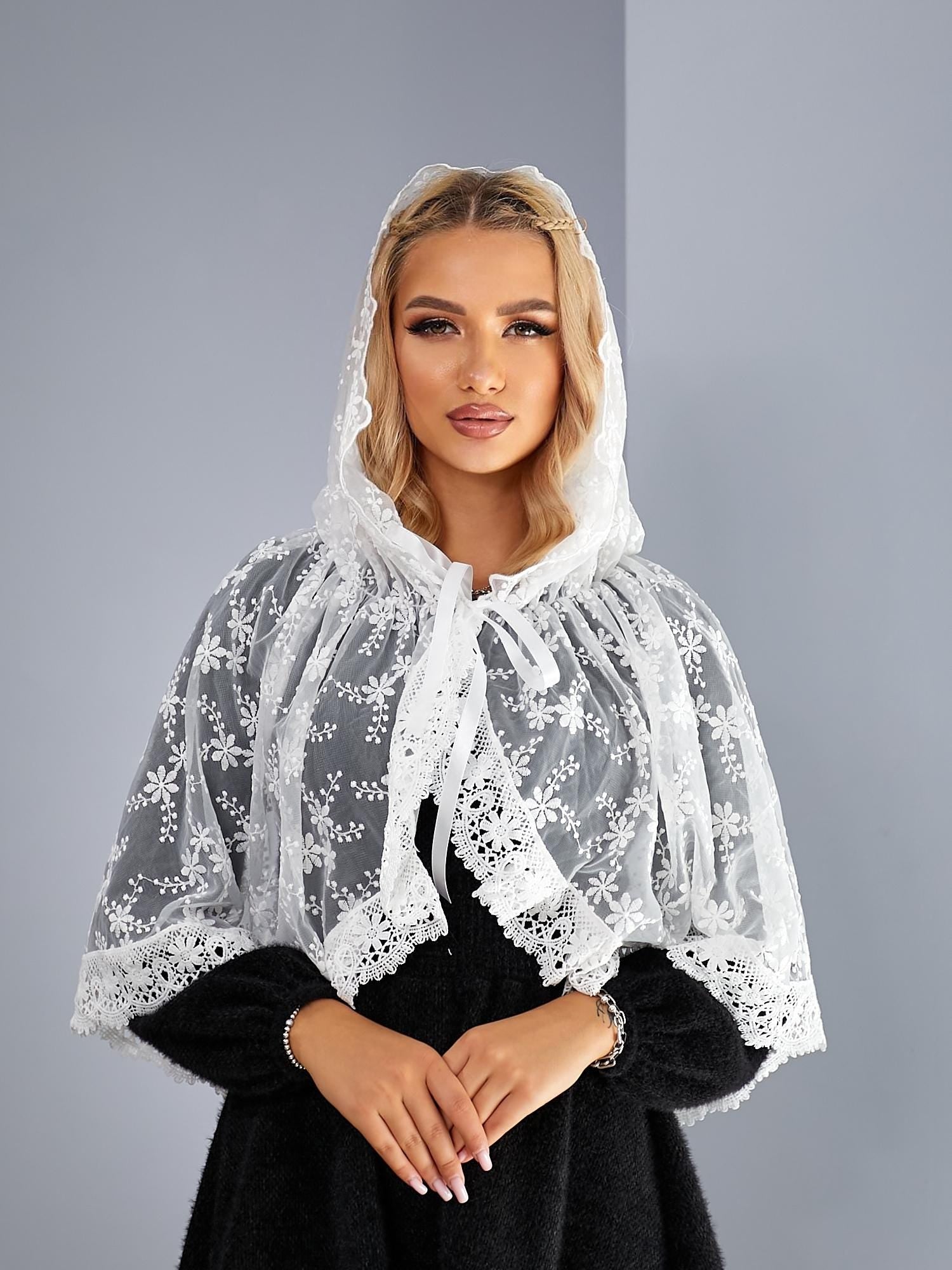 Embellished Hooded Church Veil with Pearls for Orthodox Weddings and Prayer