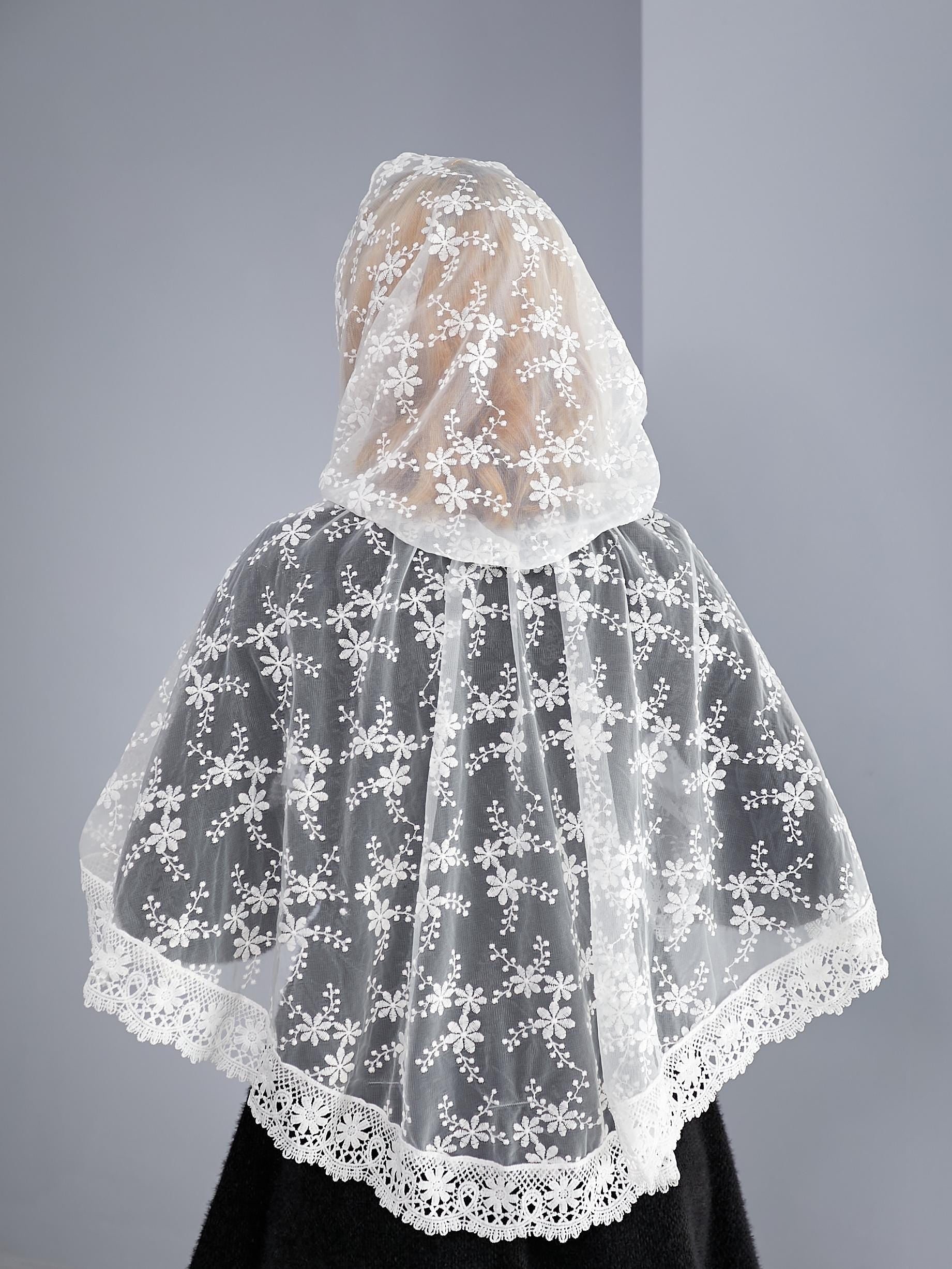 Embellished Hooded Church Veil with Pearls for Orthodox Weddings and Prayer