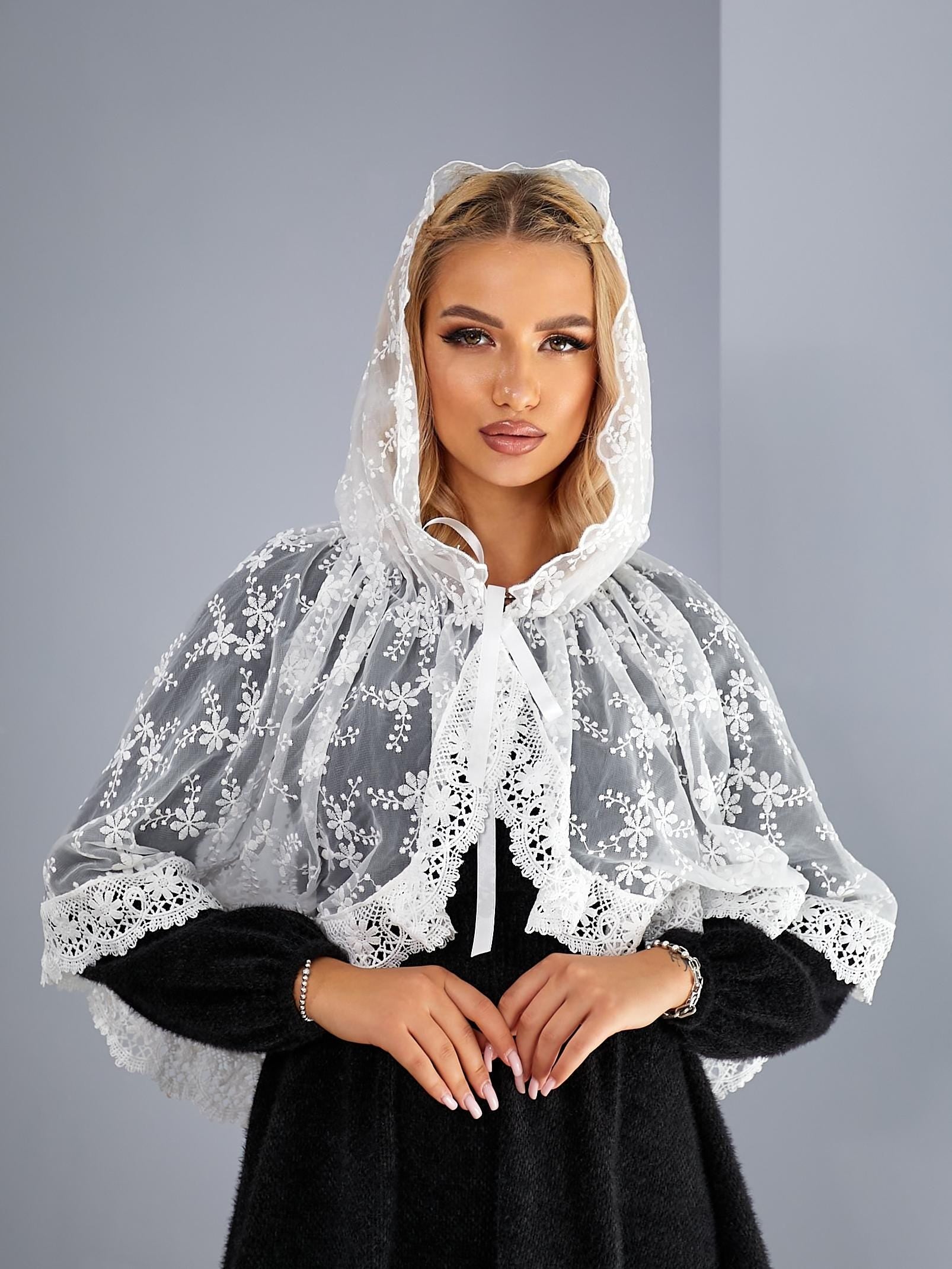 Embellished Hooded Church Veil with Pearls for Orthodox Weddings and Prayer