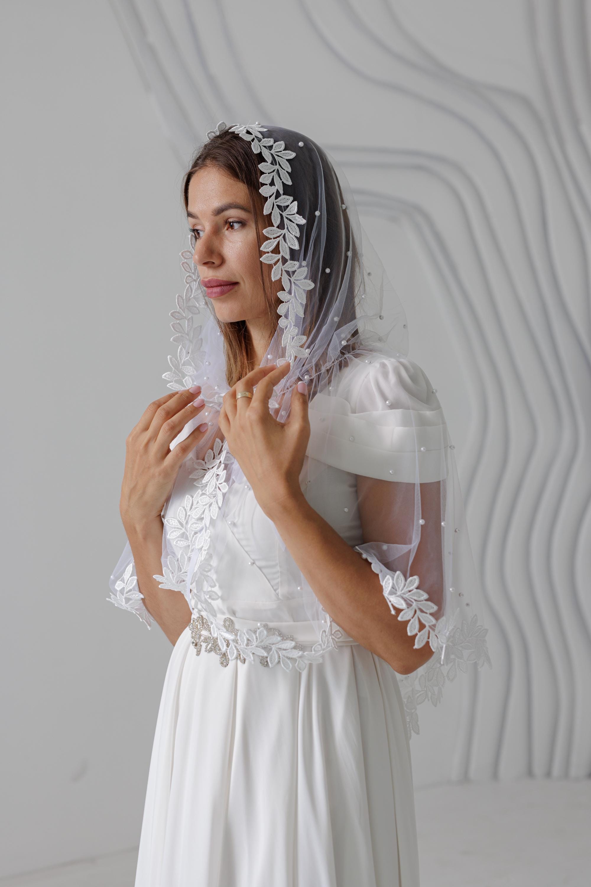 White Tulle Hooded Church Veil with Pearls for Orthodox Wedding and Chapel