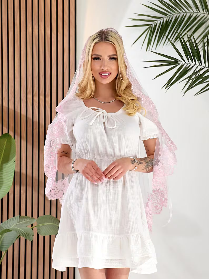 Pink Tulle Chapel Veil – Lace Catholic Church Headscarf with Comb