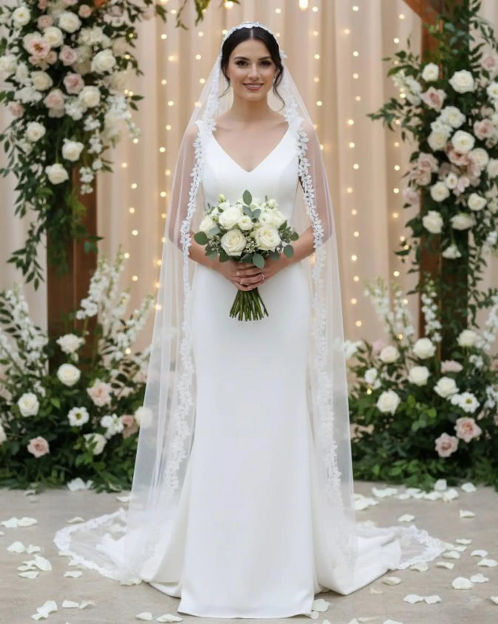 Long Cathedral Lace Edge Wedding Veil with Comb