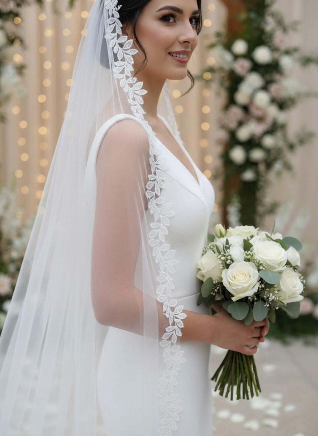 Long Cathedral Lace Edge Wedding Veil with Comb