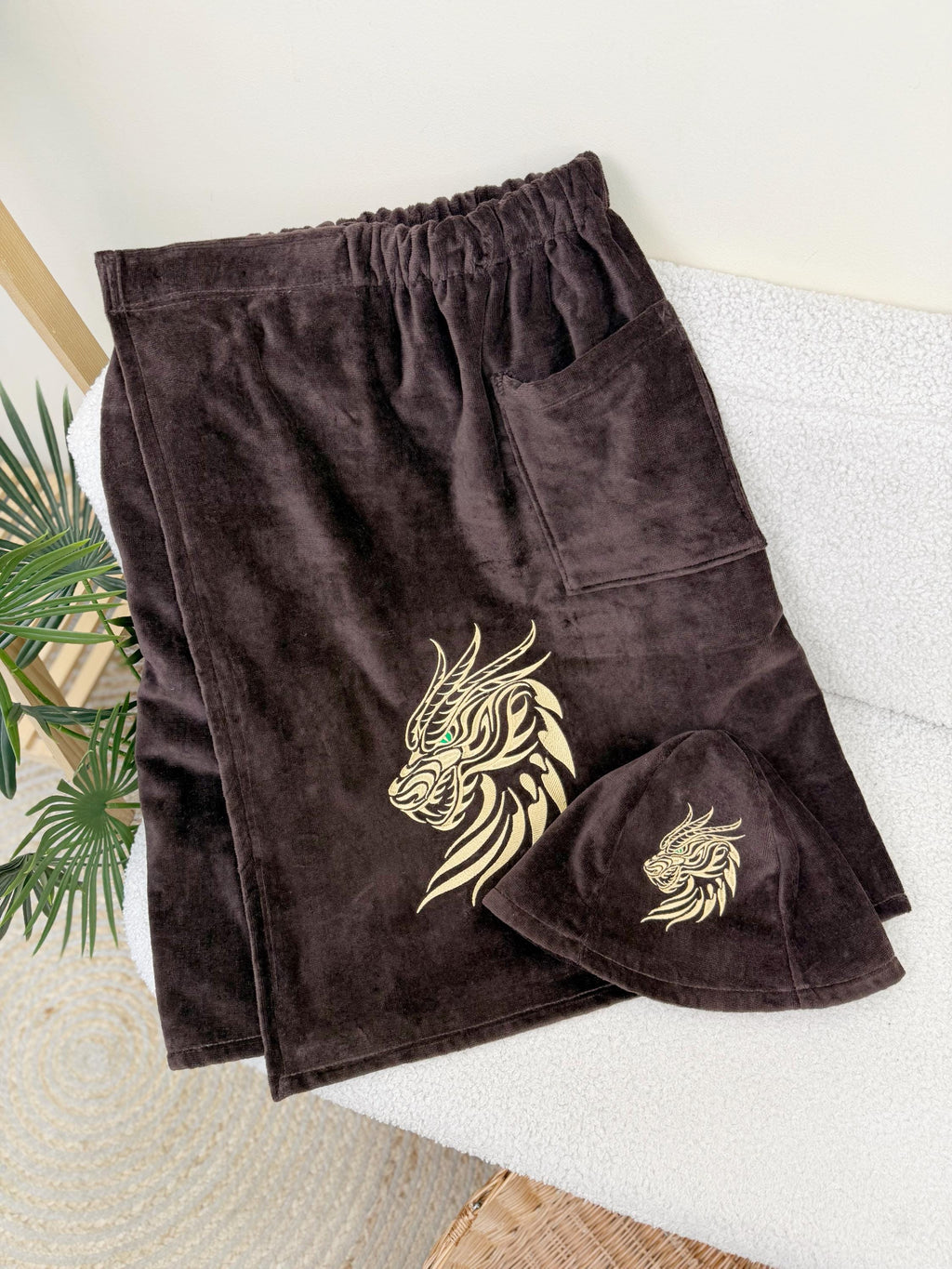 Custom Embroidered Men's Cotton Sauna Kilt and Hat Set in Brown