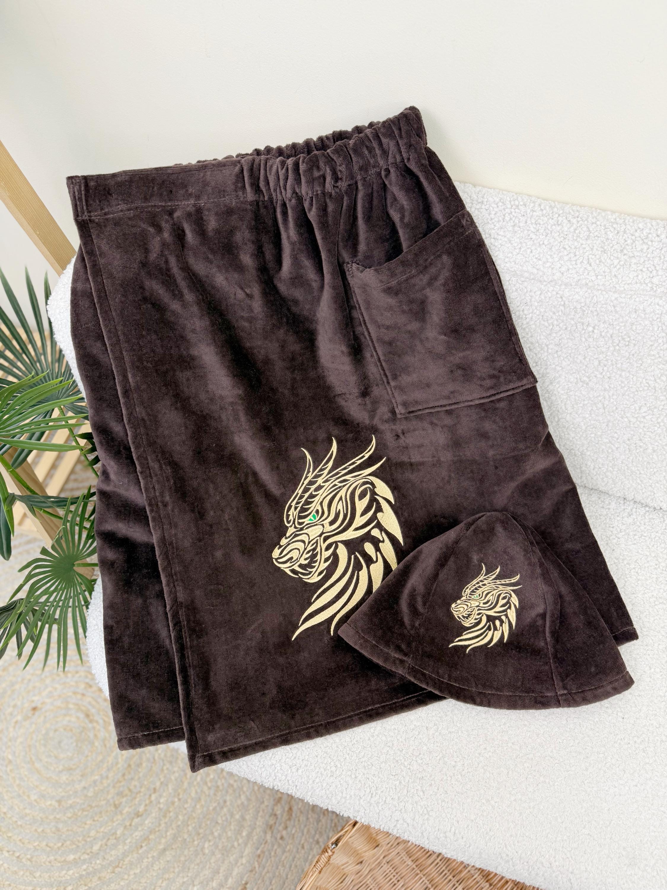 Custom Embroidered Men's Cotton Sauna Kilt and Hat Set in Brown