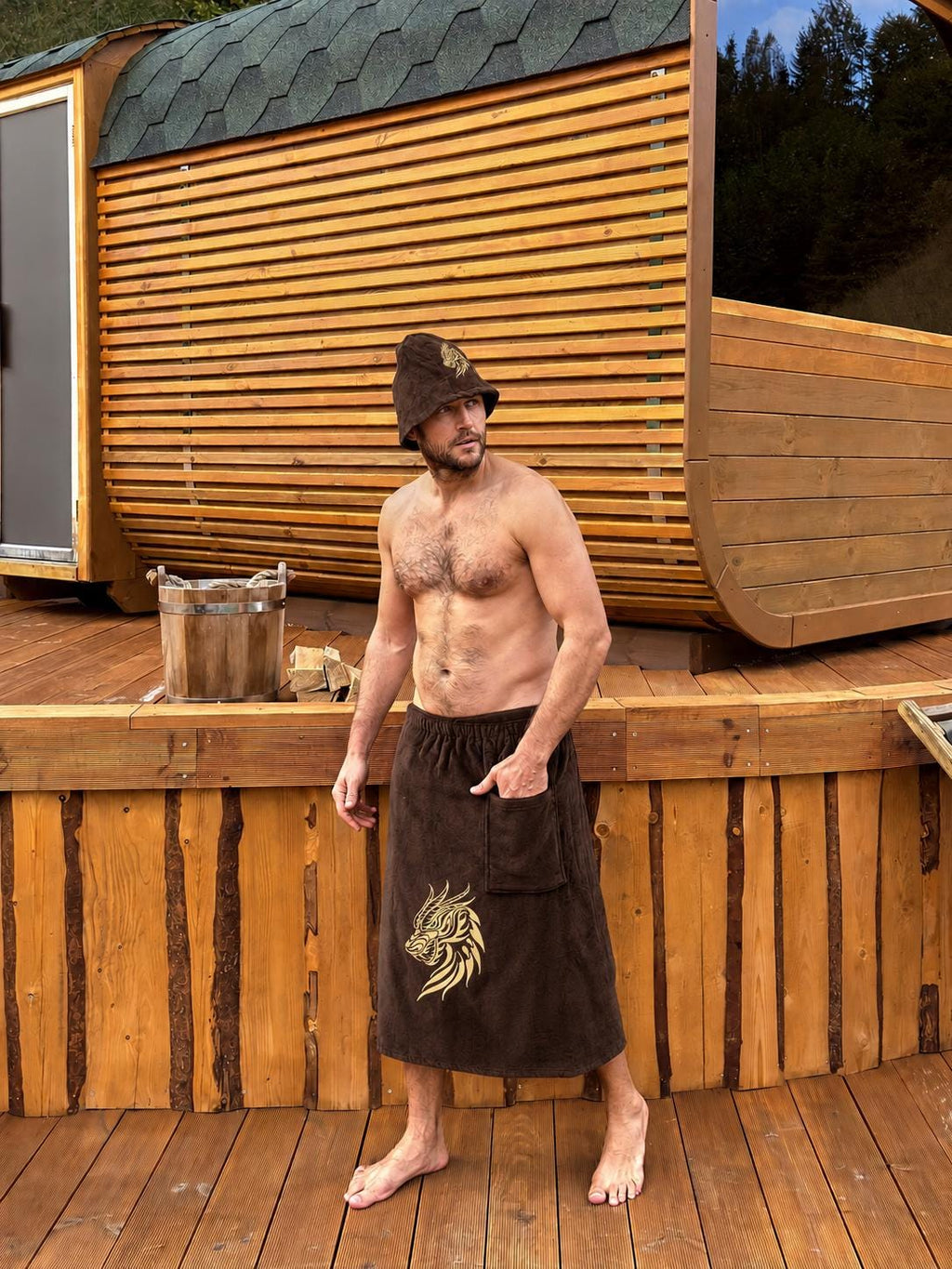 Custom Embroidered Men's Cotton Sauna Kilt and Hat Set in Brown