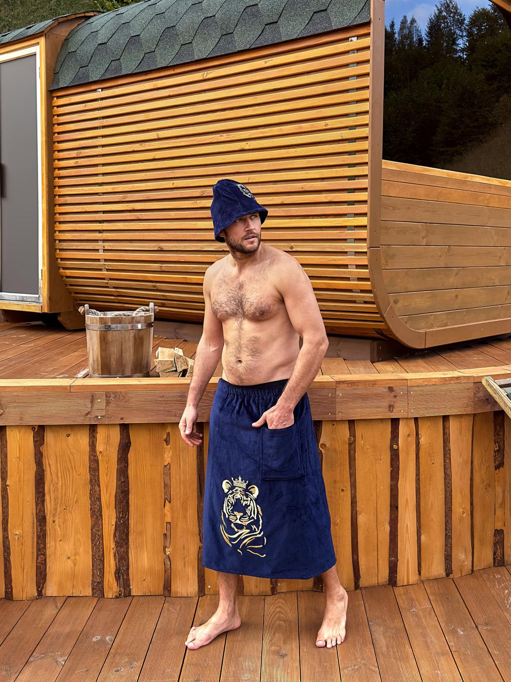 Men's Cotton Terry Sauna Kilt & Hat Set with Pocket