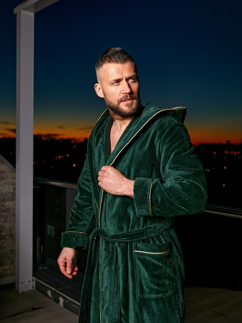 Mens Cotton Velour Hooded Bathrobe with Pockets