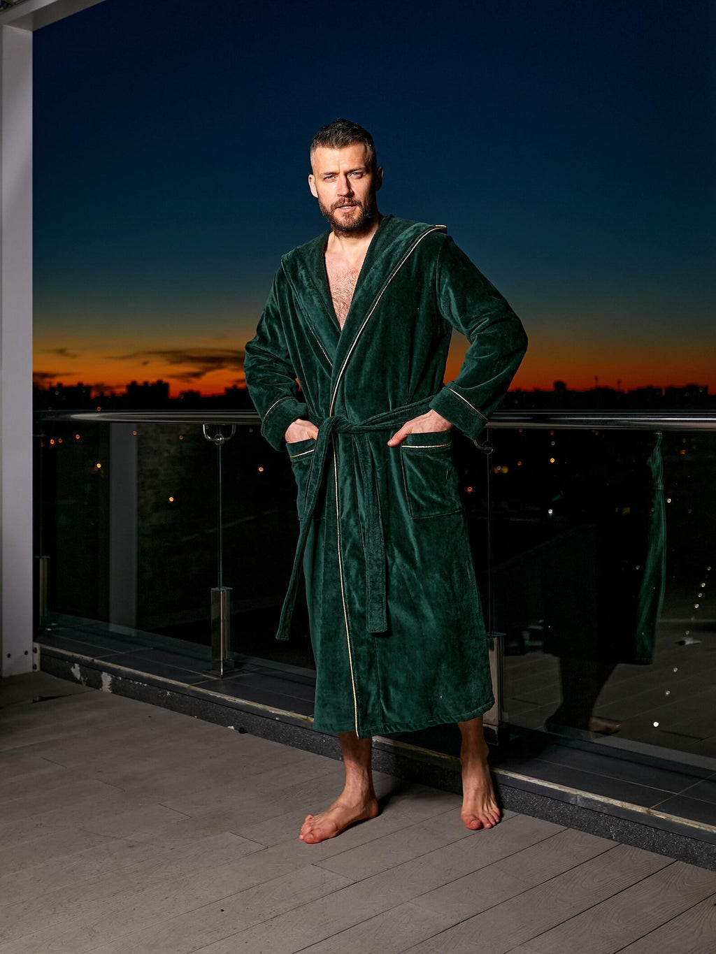 Mens Cotton Velour Hooded Bathrobe with Pockets