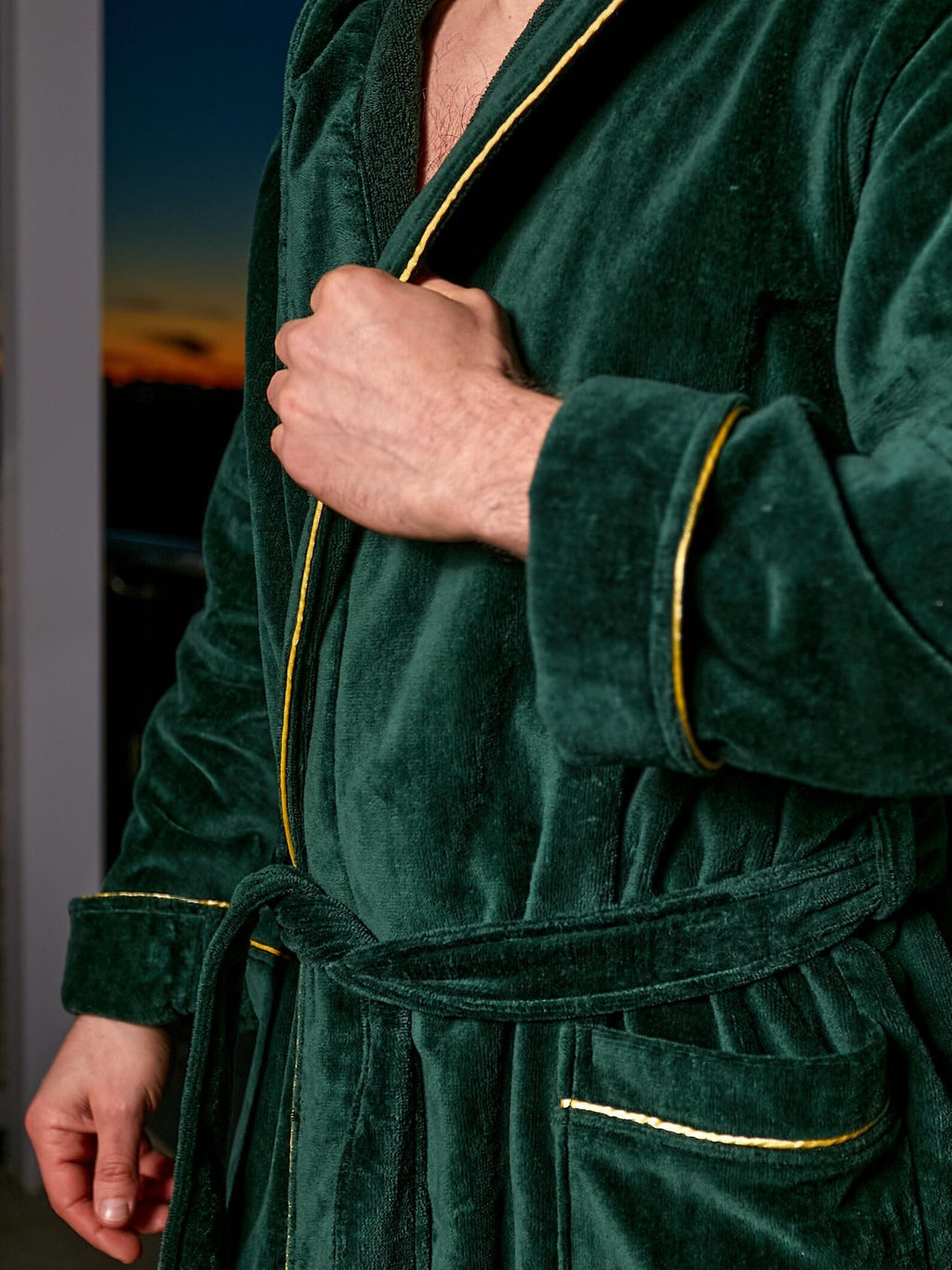 Mens Cotton Velour Hooded Bathrobe with Pockets