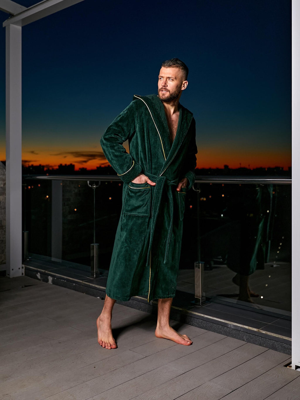 Mens Cotton Velour Hooded Bathrobe with Pockets