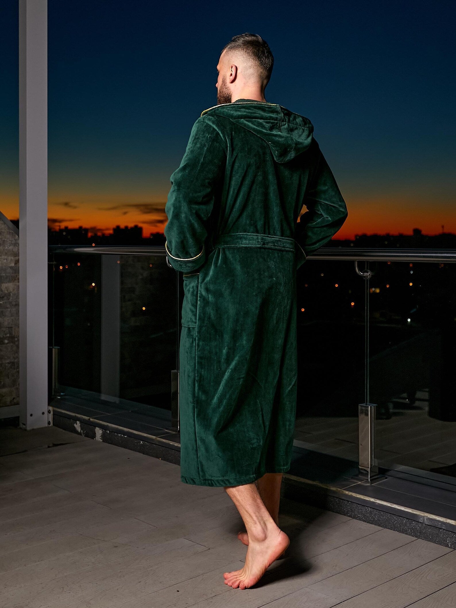 Mens Cotton Velour Hooded Bathrobe with Pockets
