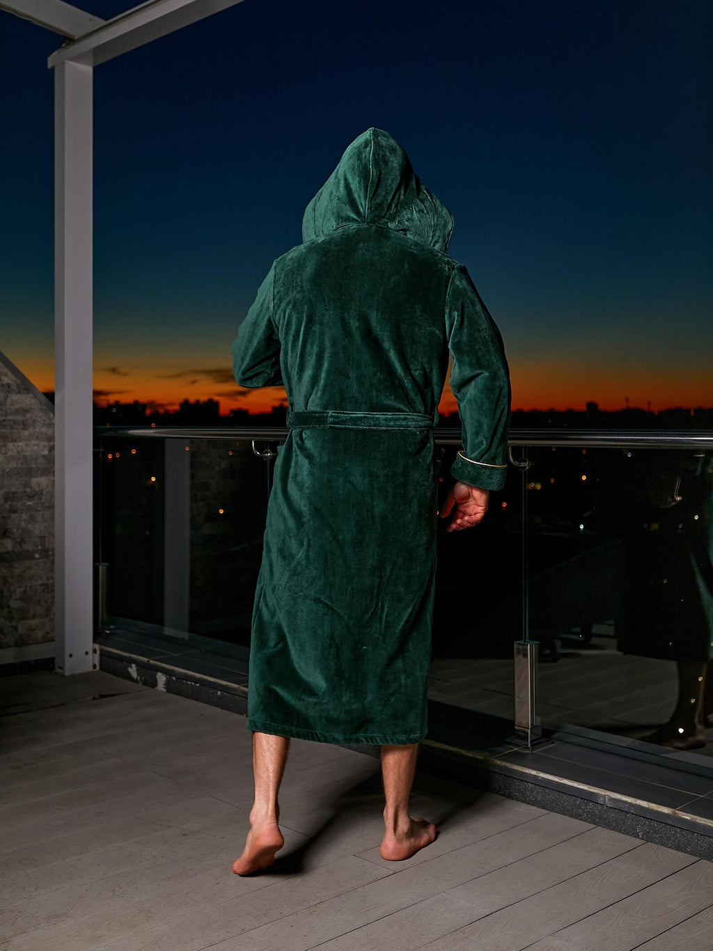 Mens Cotton Velour Hooded Bathrobe with Pockets