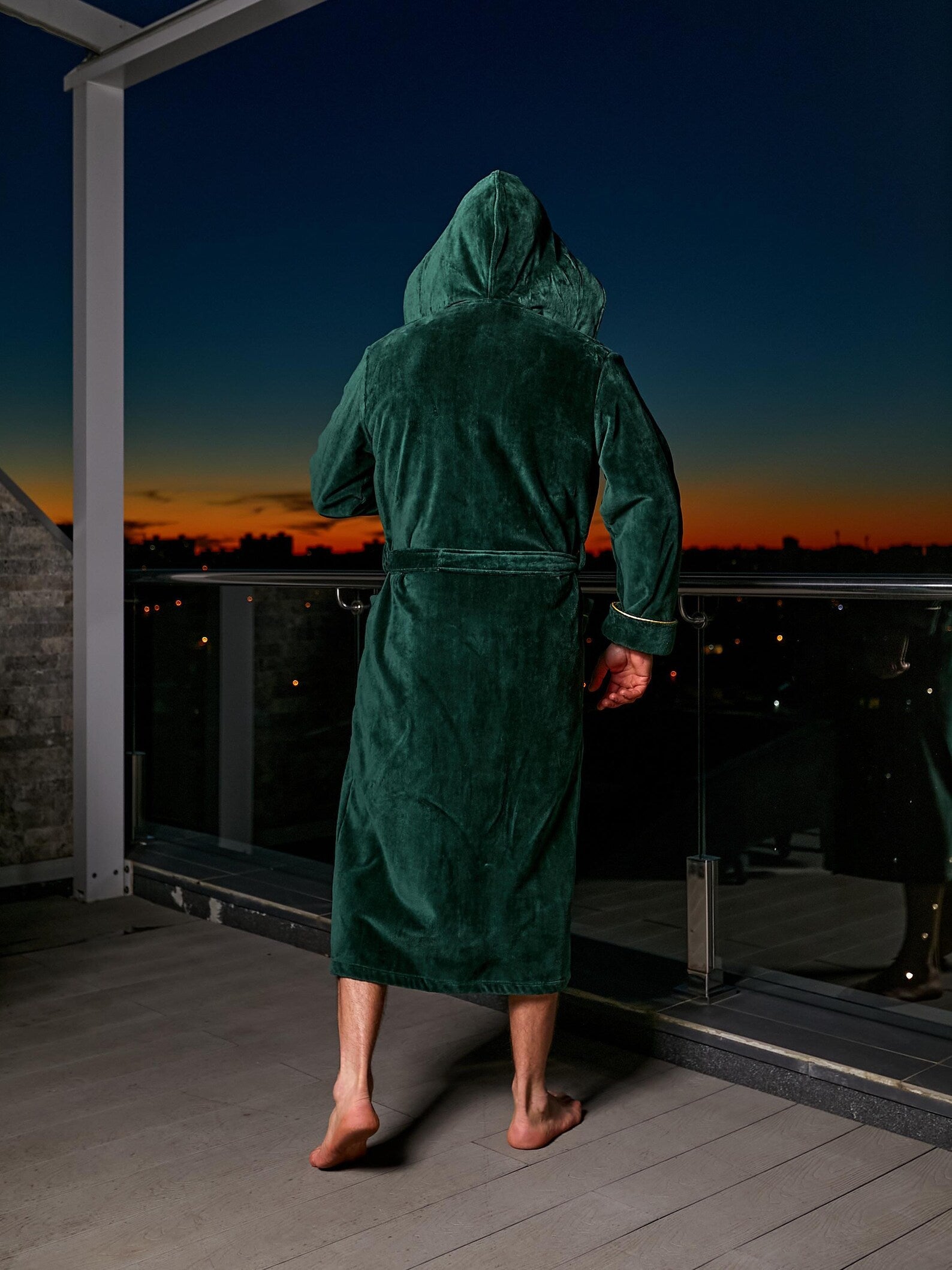 Mens Cotton Velour Hooded Bathrobe with Pockets
