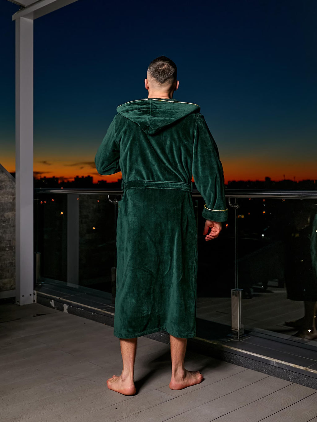 Mens Cotton Velour Hooded Bathrobe with Pockets