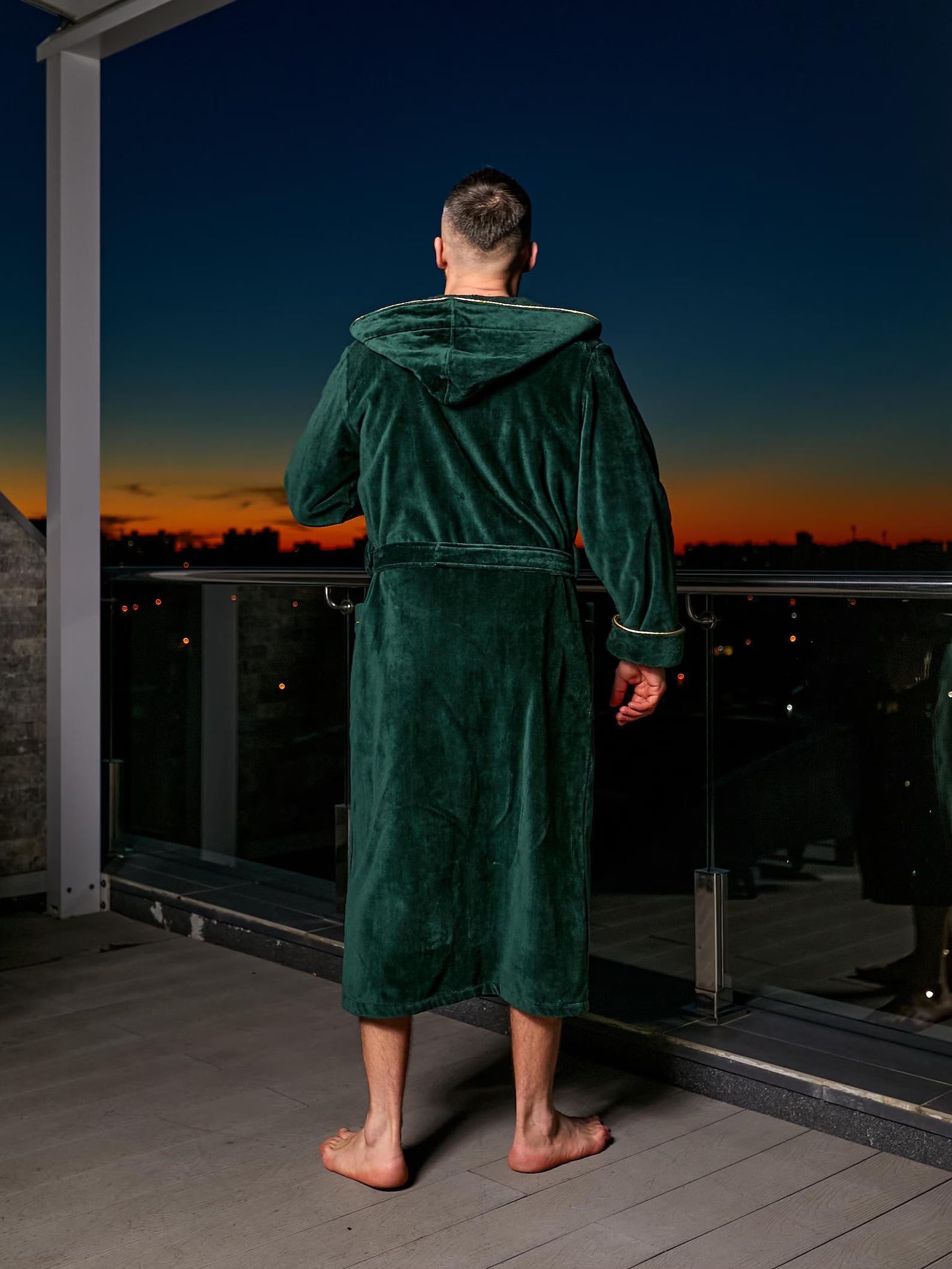 Mens Cotton Velour Hooded Bathrobe with Pockets