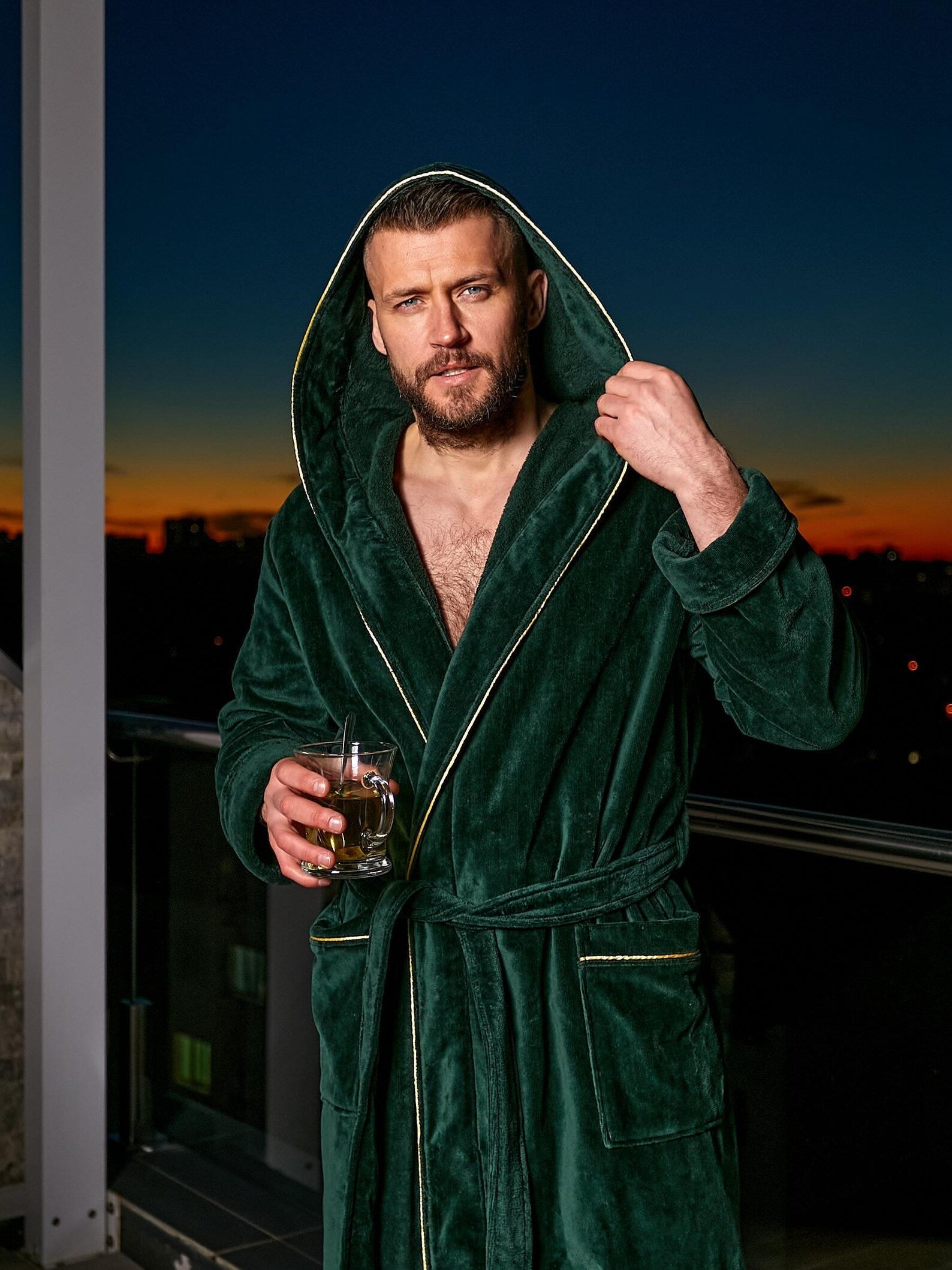 Mens Cotton Velour Hooded Bathrobe with Pockets
