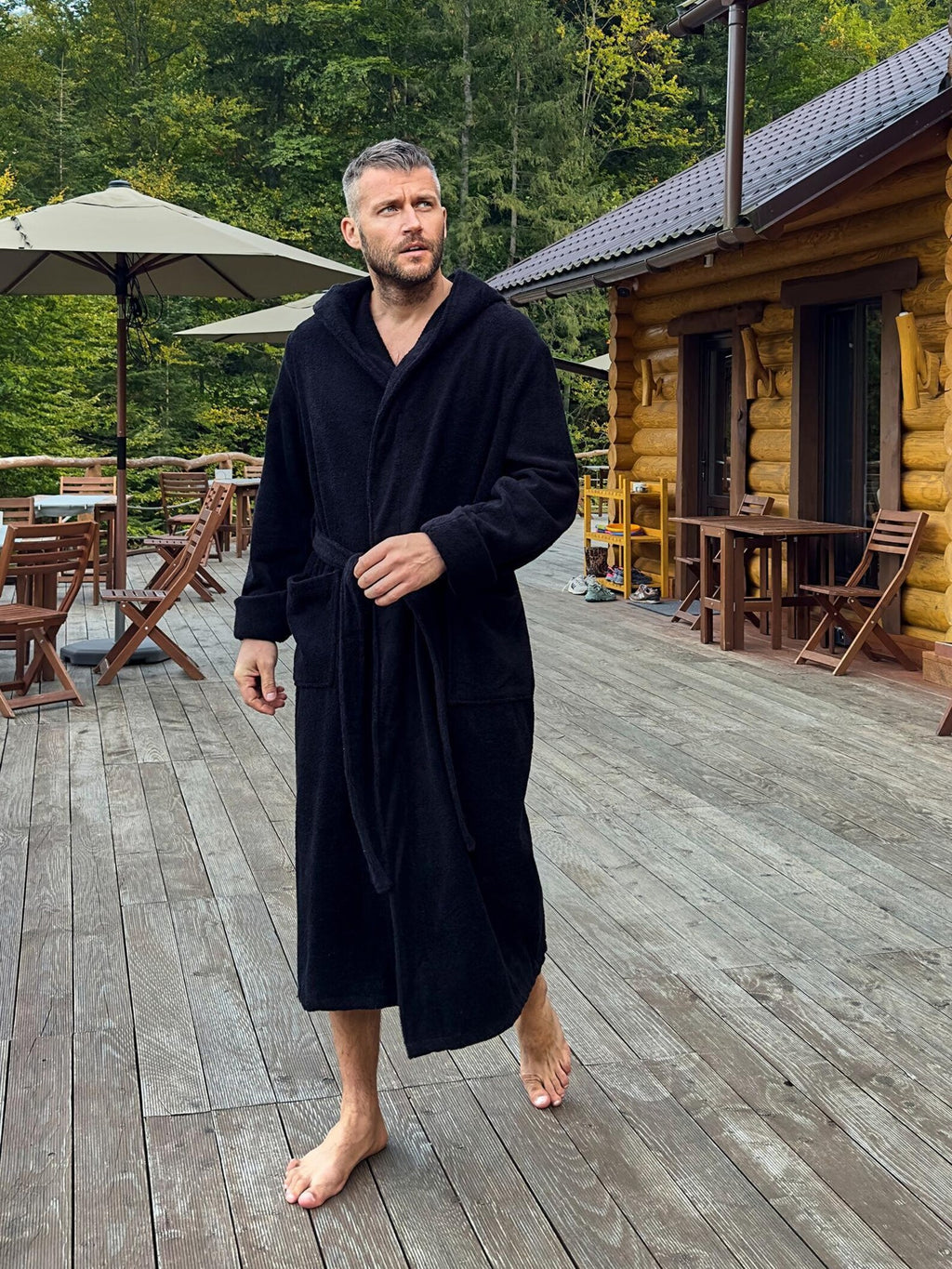 Mens Hooded Terry Cotton Bathrobe with Lion Embroidery